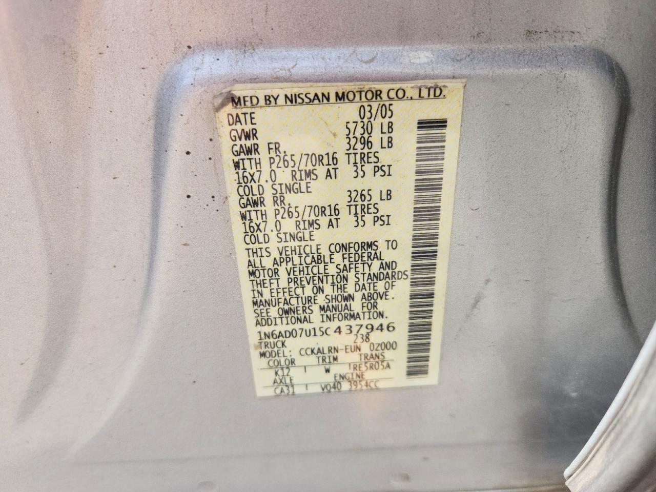2005 Nissan Frontier Se Silver vin: 1N6AD07U15C437946