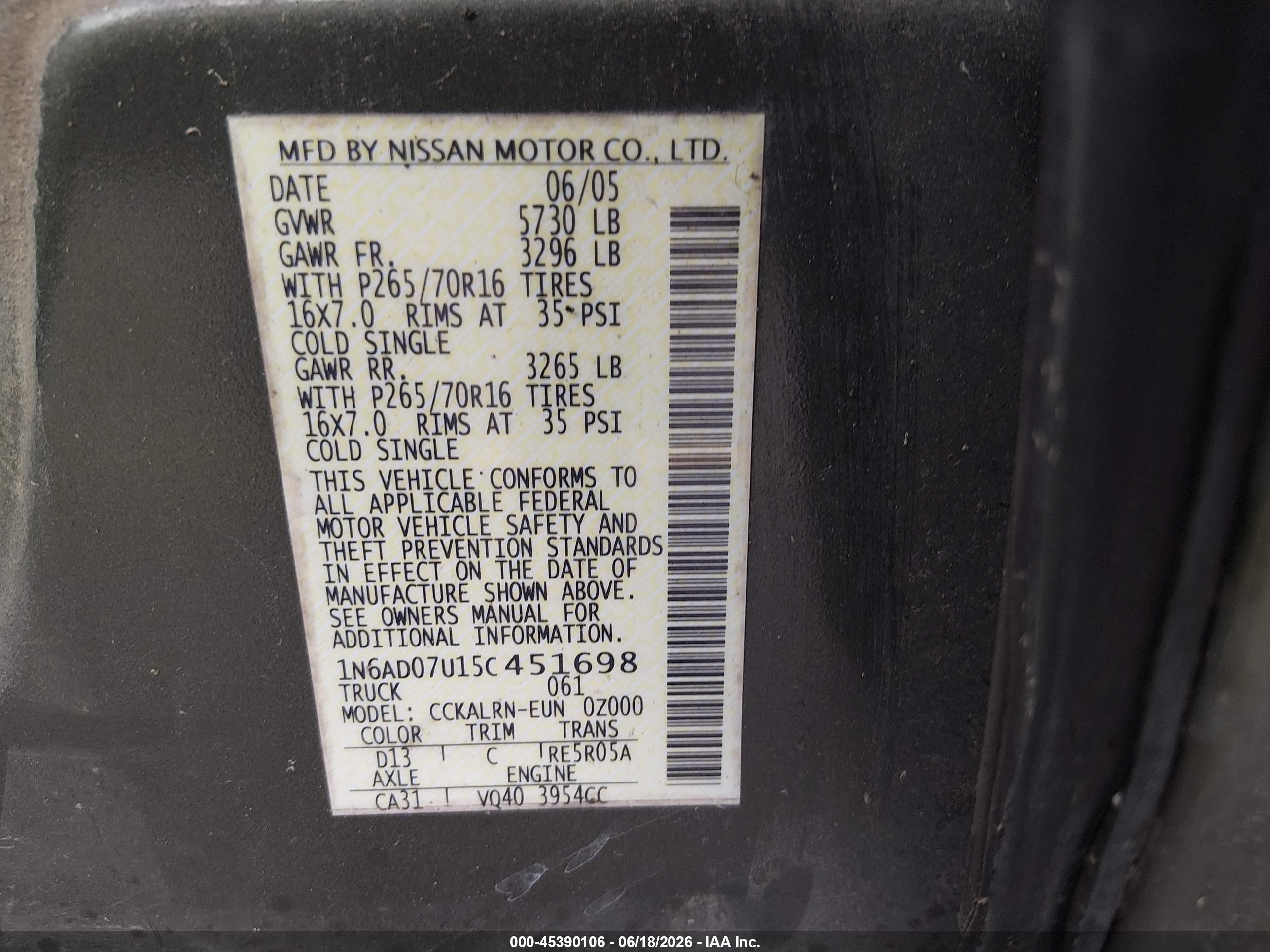 2005 Nissan Frontier Se Green vin: 1N6AD07U15C451698