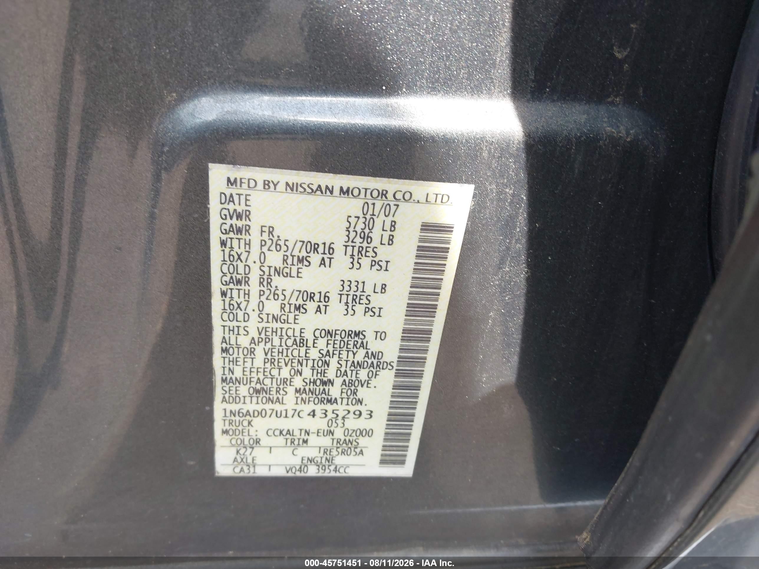 2007 Nissan Frontier Se Gray vin: 1N6AD07U17C435293