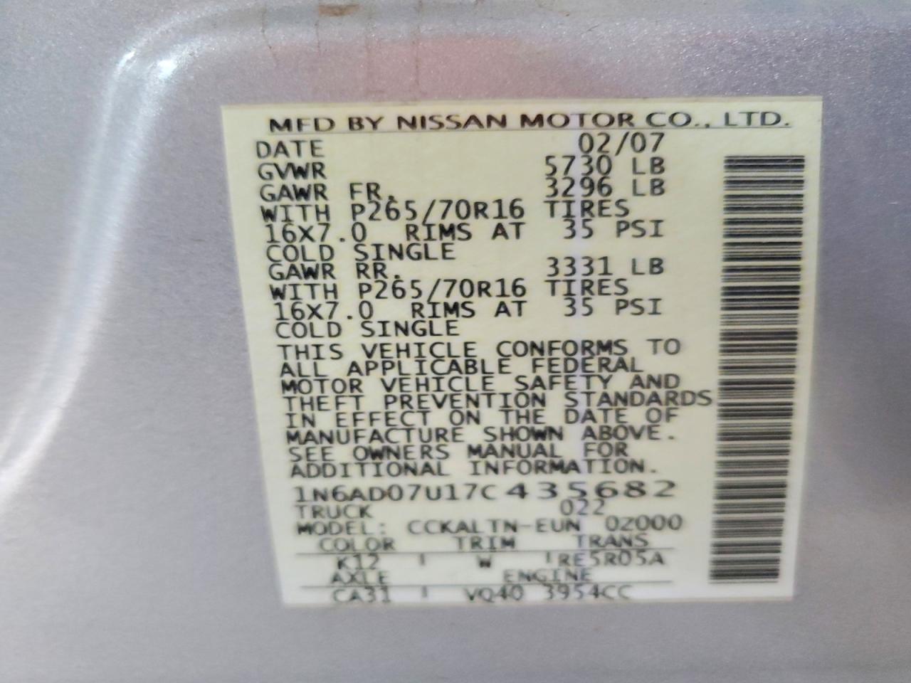2007 Nissan Frontier Se Серебряный vin: 1N6AD07U17C435682
