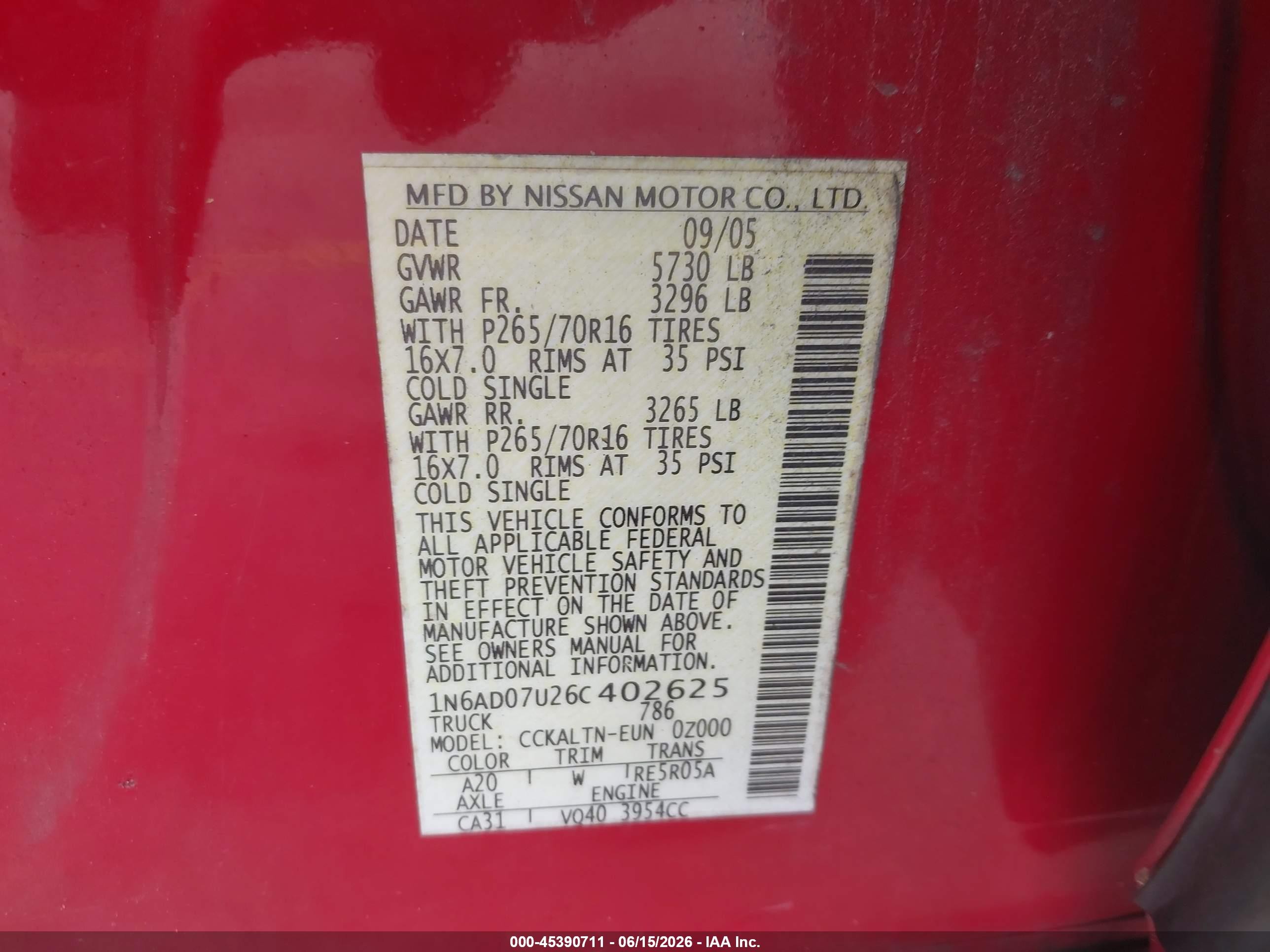 2006 Nissan Frontier Se Red vin: 1N6AD07U26C402625
