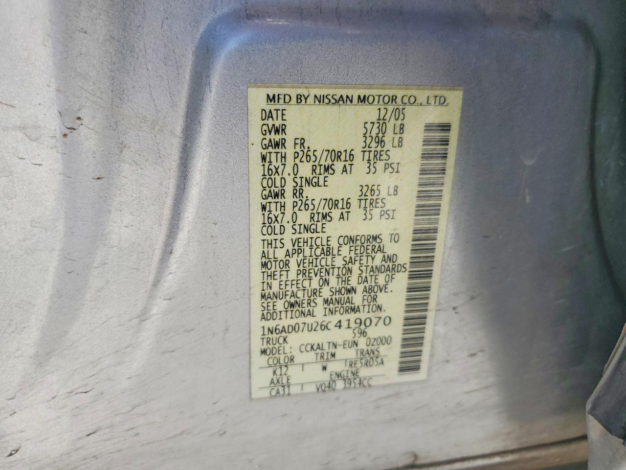 2006 Nissan Frontier Se Silver vin: 1N6AD07U26C419070