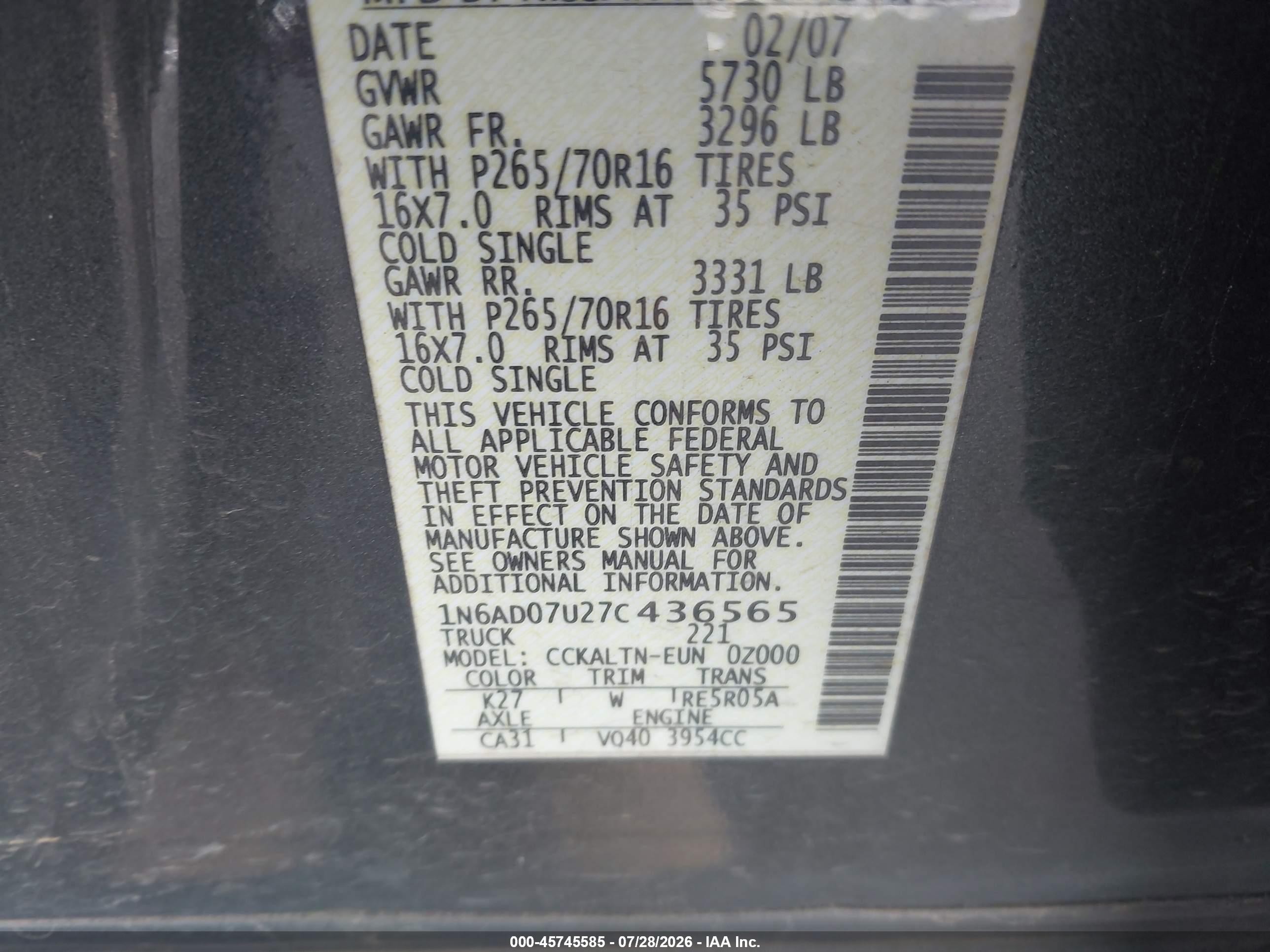 2007 Nissan Frontier Se Серый vin: 1N6AD07U27C436565