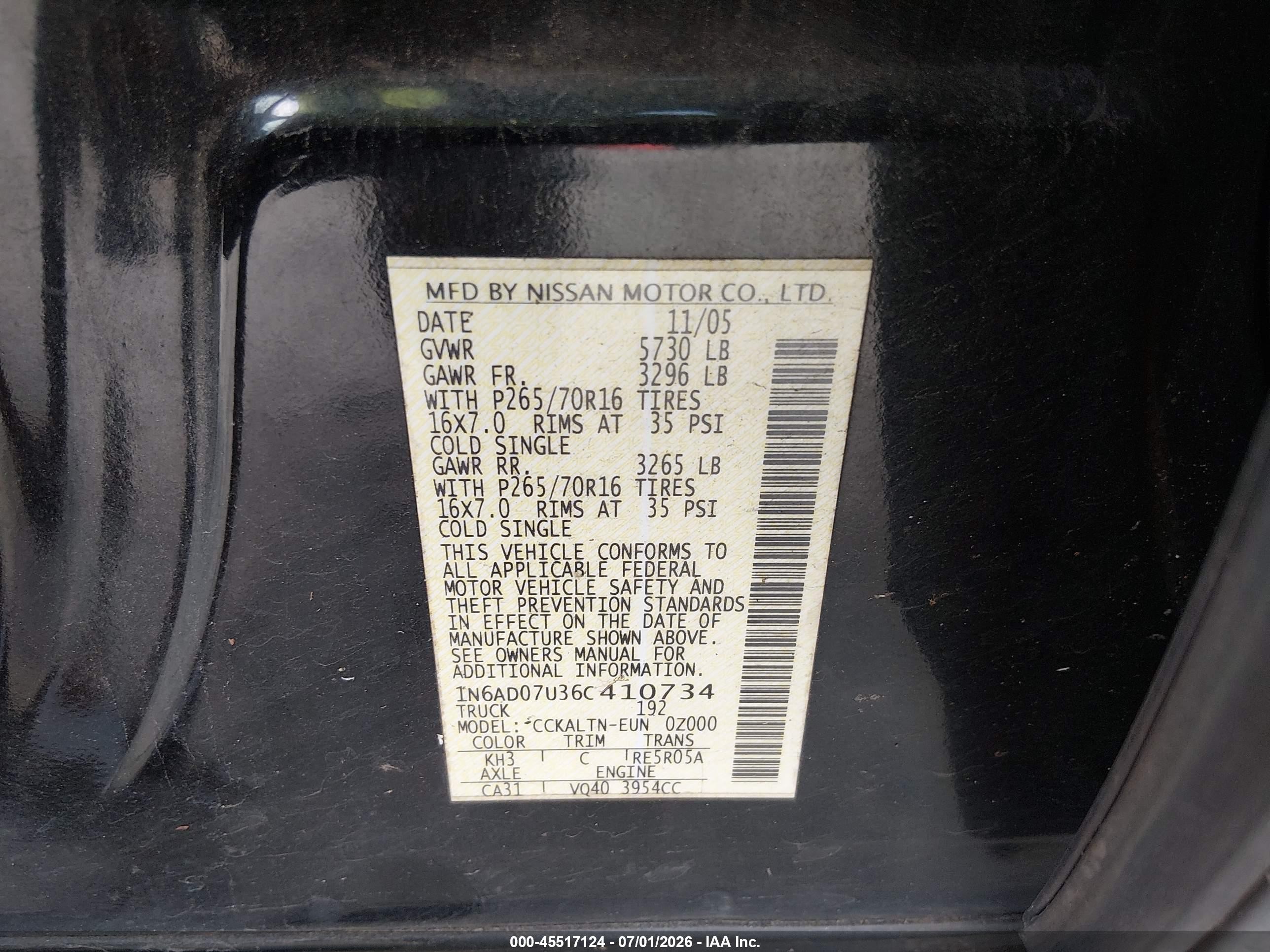 2006 Nissan Frontier Se Black vin: 1N6AD07U36C410734