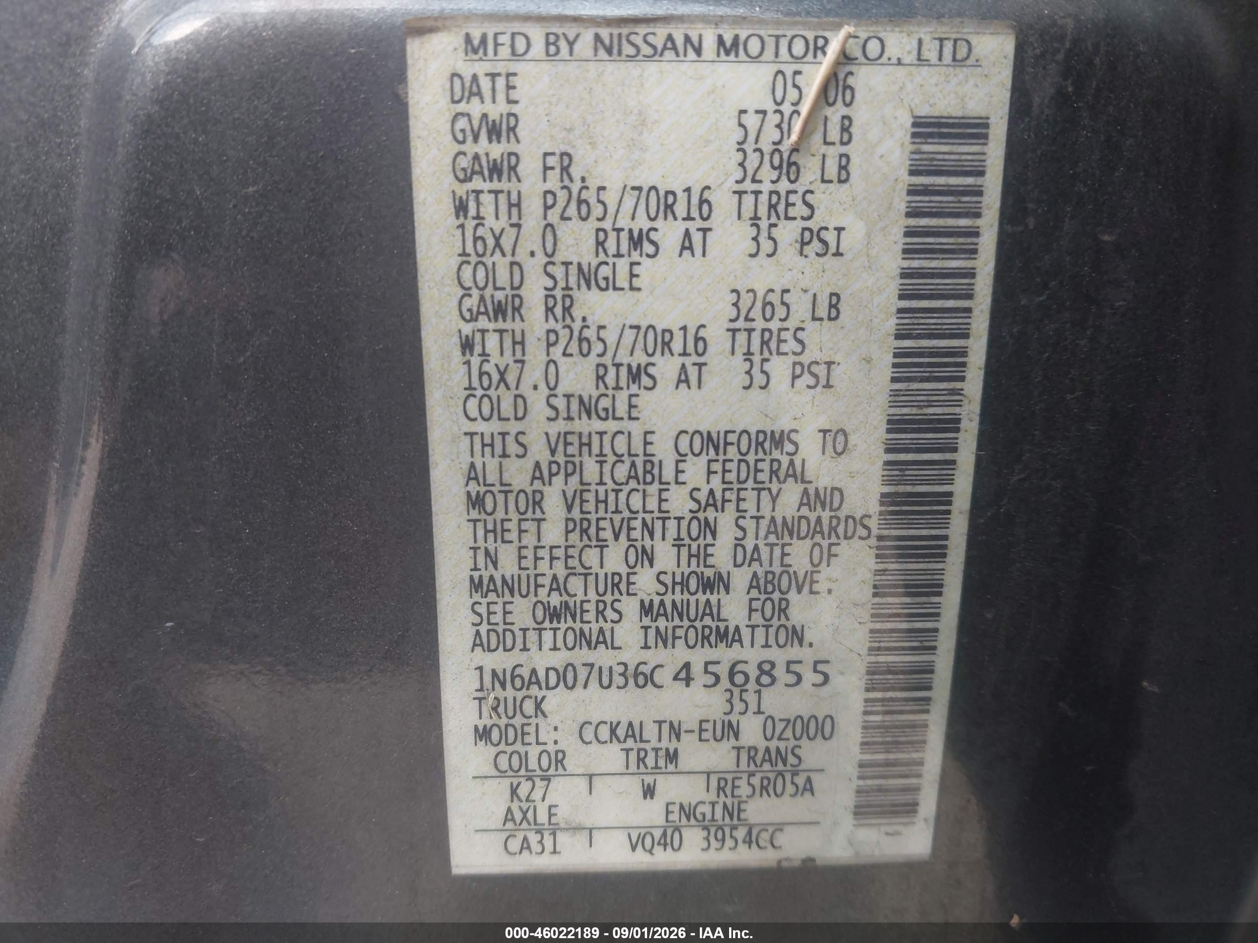 2006 Nissan Frontier Se Gray vin: 1N6AD07U36C456855