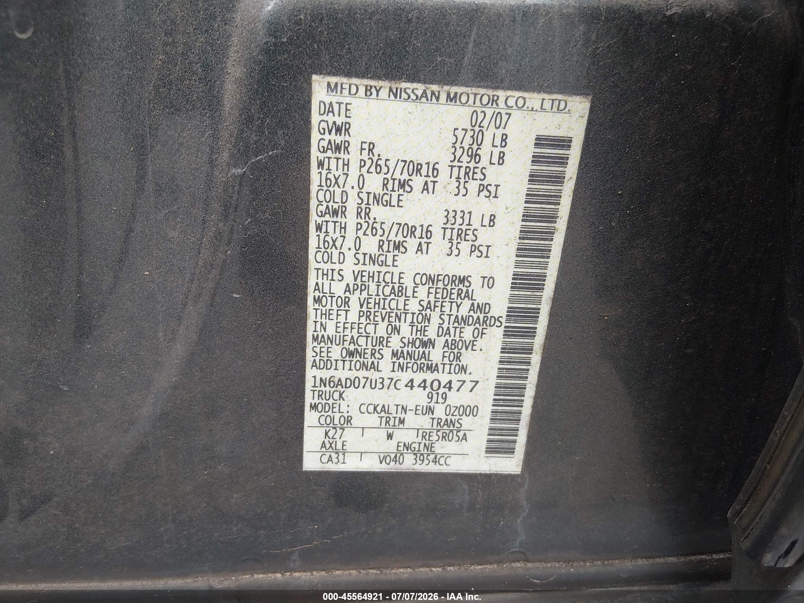 2007 Nissan Frontier Se Gray vin: 1N6AD07U37C440477