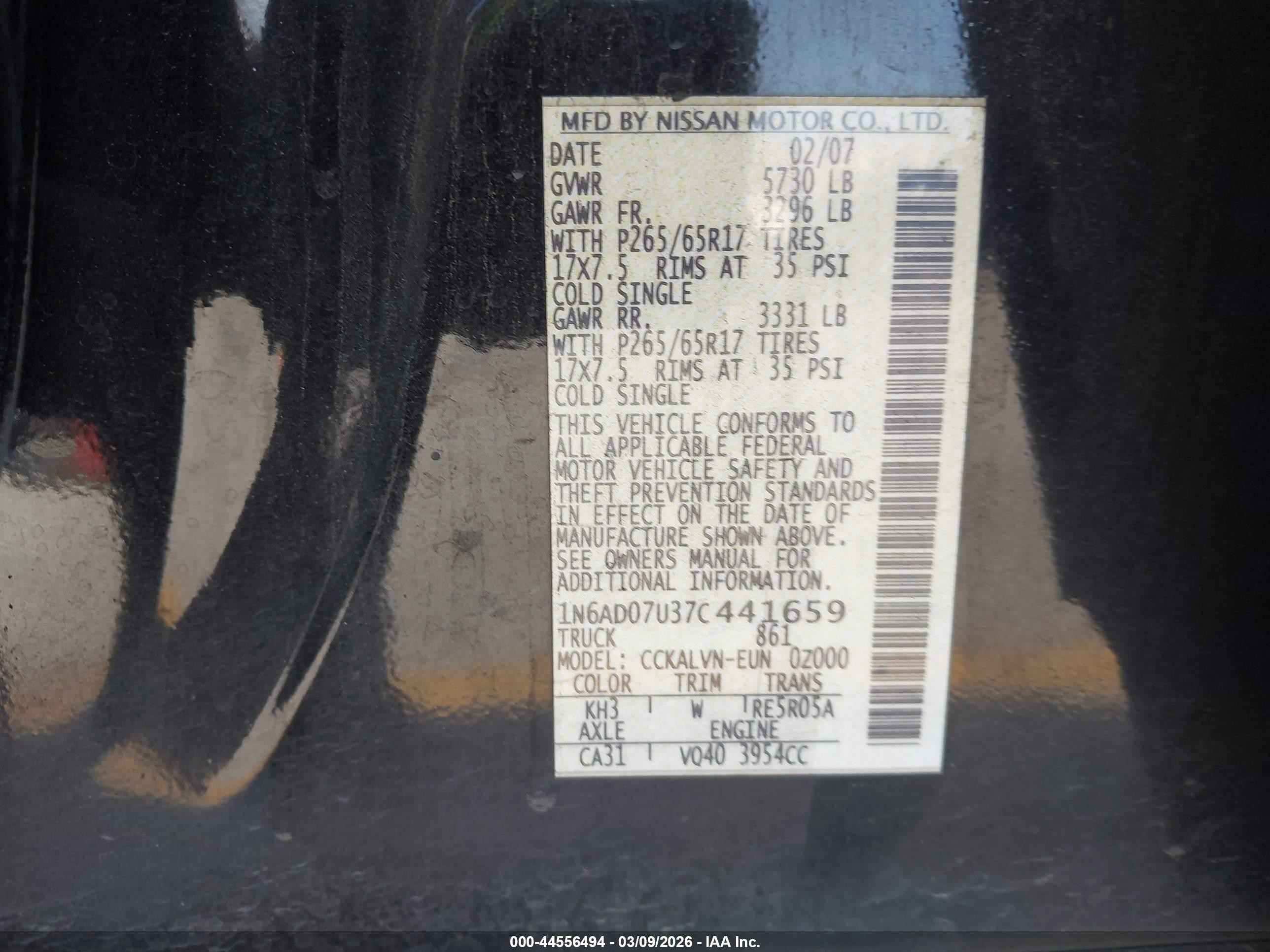 2007 Nissan Frontier Le Black vin: 1N6AD07U37C441659