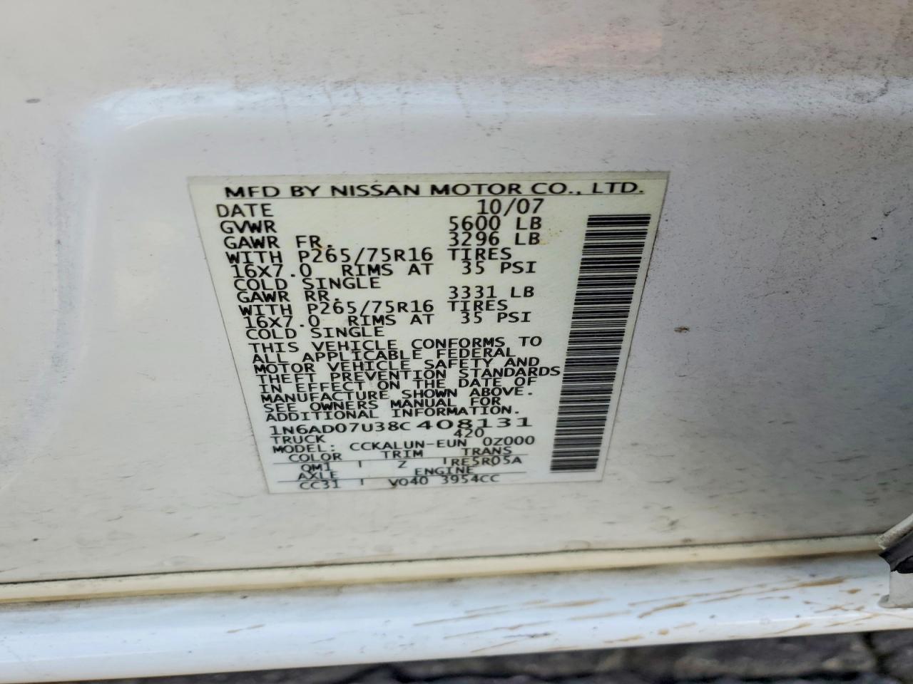 2008 Nissan Frontier Se V6 White vin: 1N6AD07U38C408131