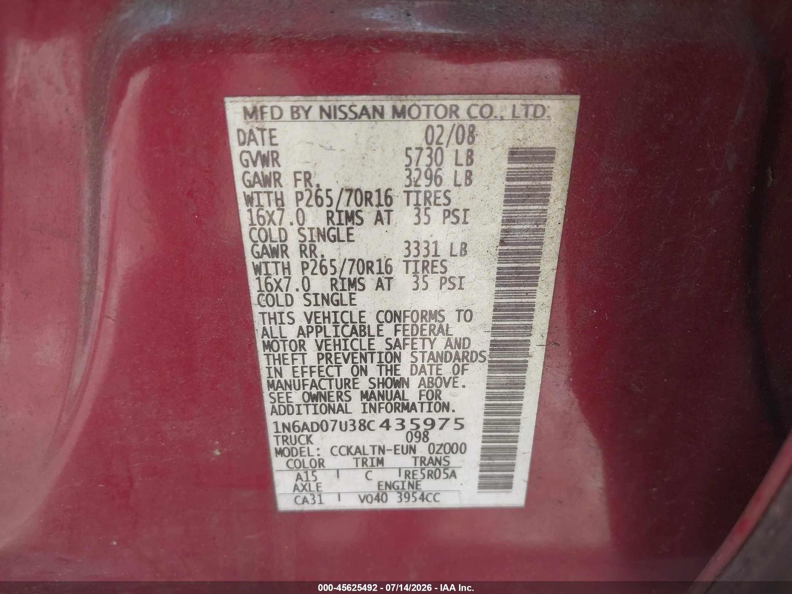2008 Nissan Frontier Se Red vin: 1N6AD07U38C435975