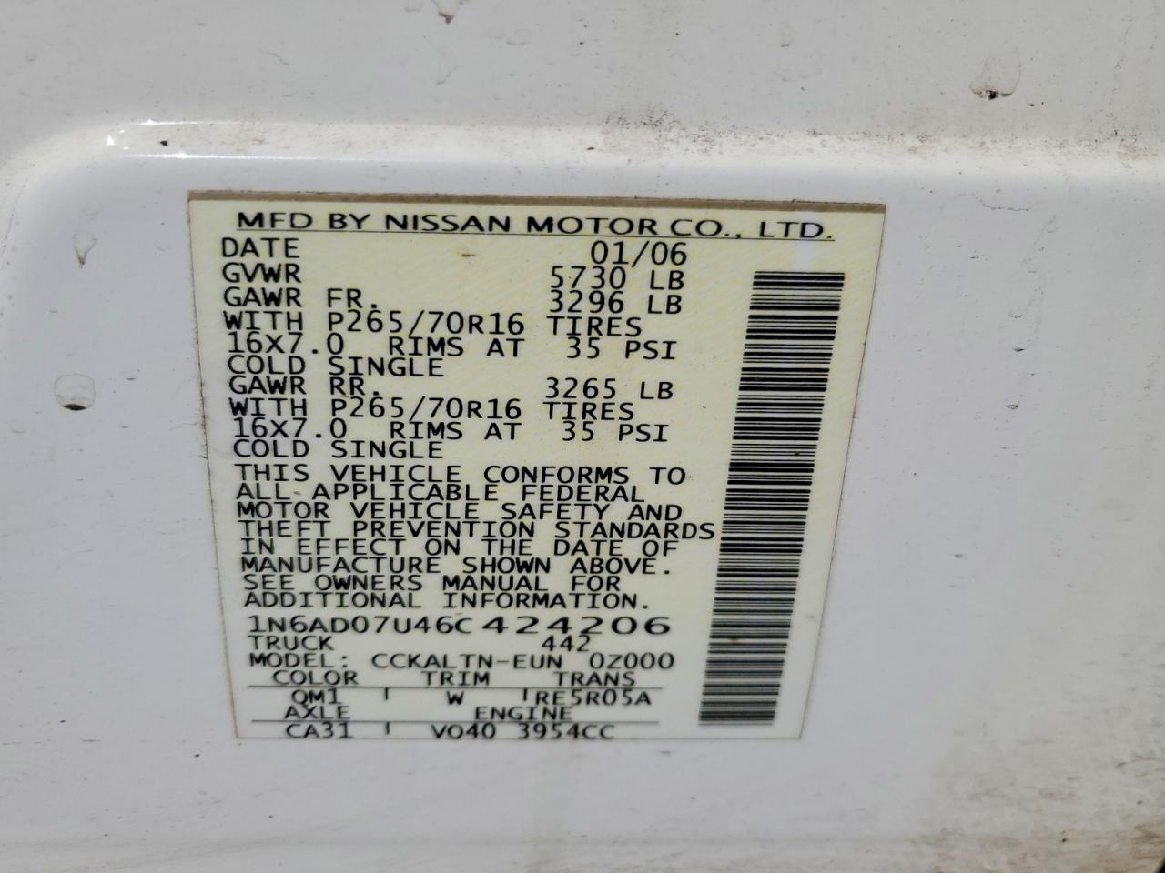 2006 Nissan Frontier Se White vin: 1N6AD07U46C424206