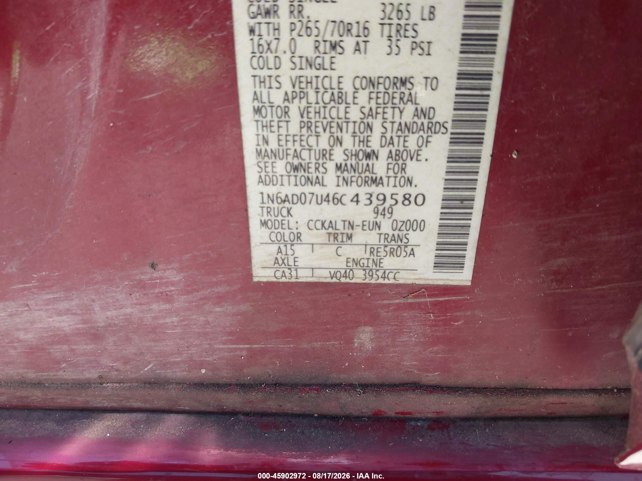 2006 Nissan Frontier Se Red vin: 1N6AD07U46C439580