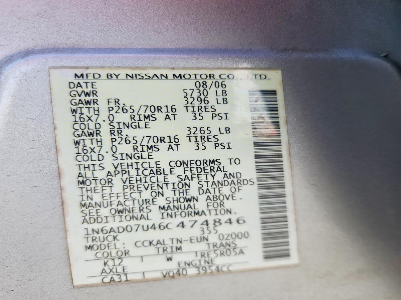 2006 Nissan Frontier Se Silver vin: 1N6AD07U46C474846