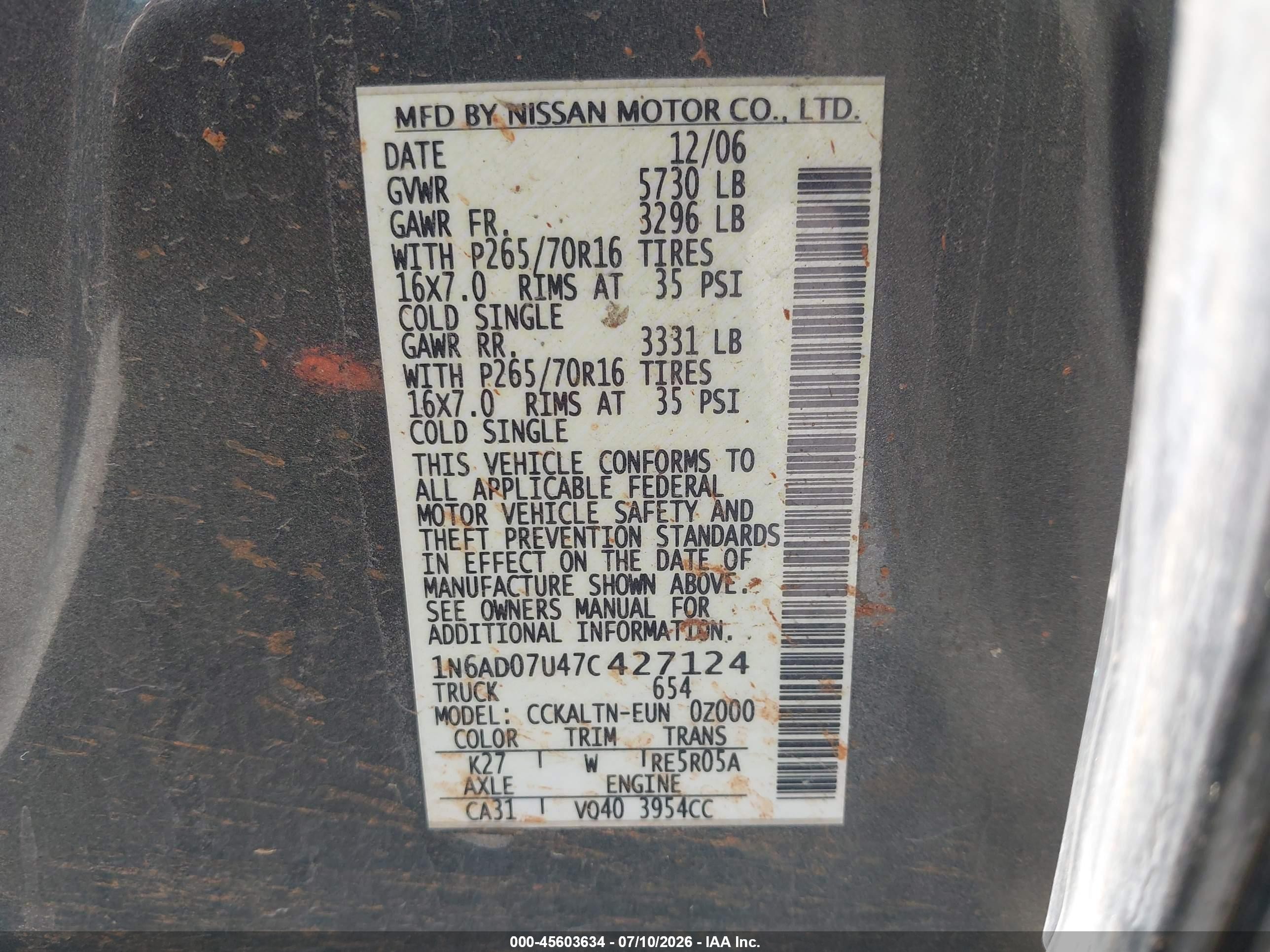 2007 Nissan Frontier Se Gray vin: 1N6AD07U47C427124