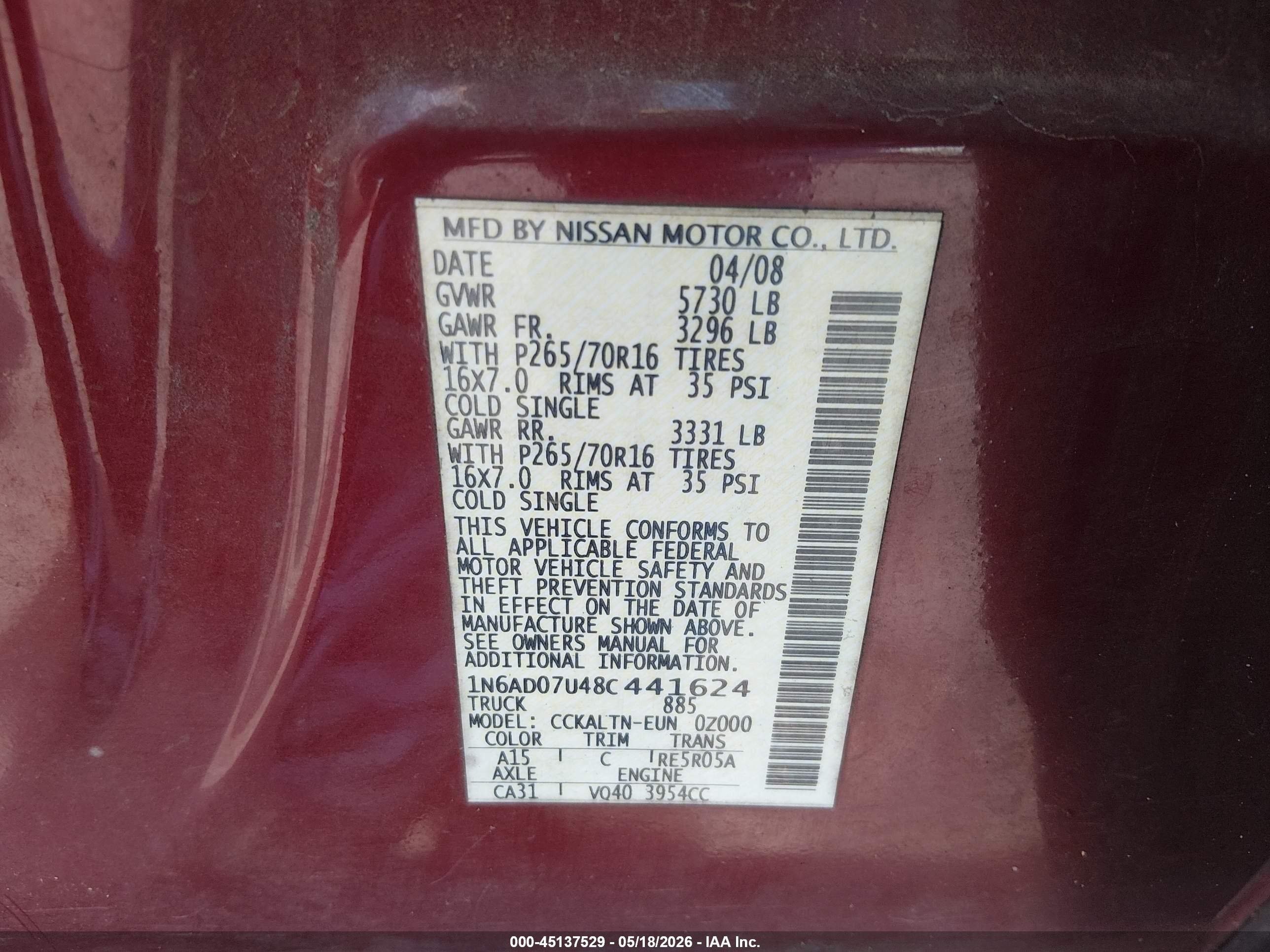 2008 Nissan Frontier Se Red vin: 1N6AD07U48C441624