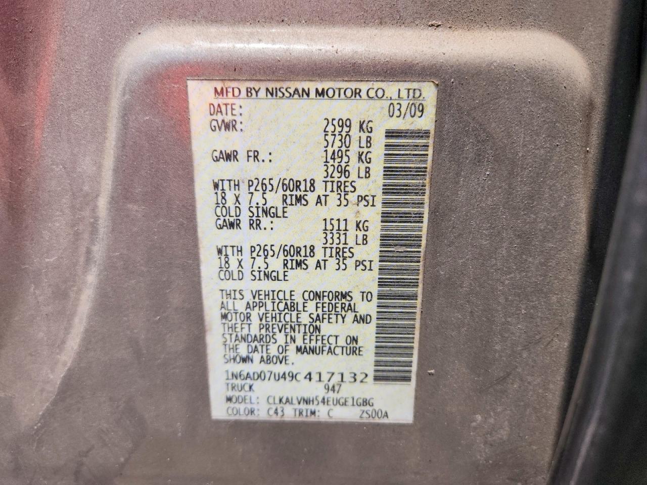 2009 Nissan Frontier Se V6 Tan vin: 1N6AD07U49C417132
