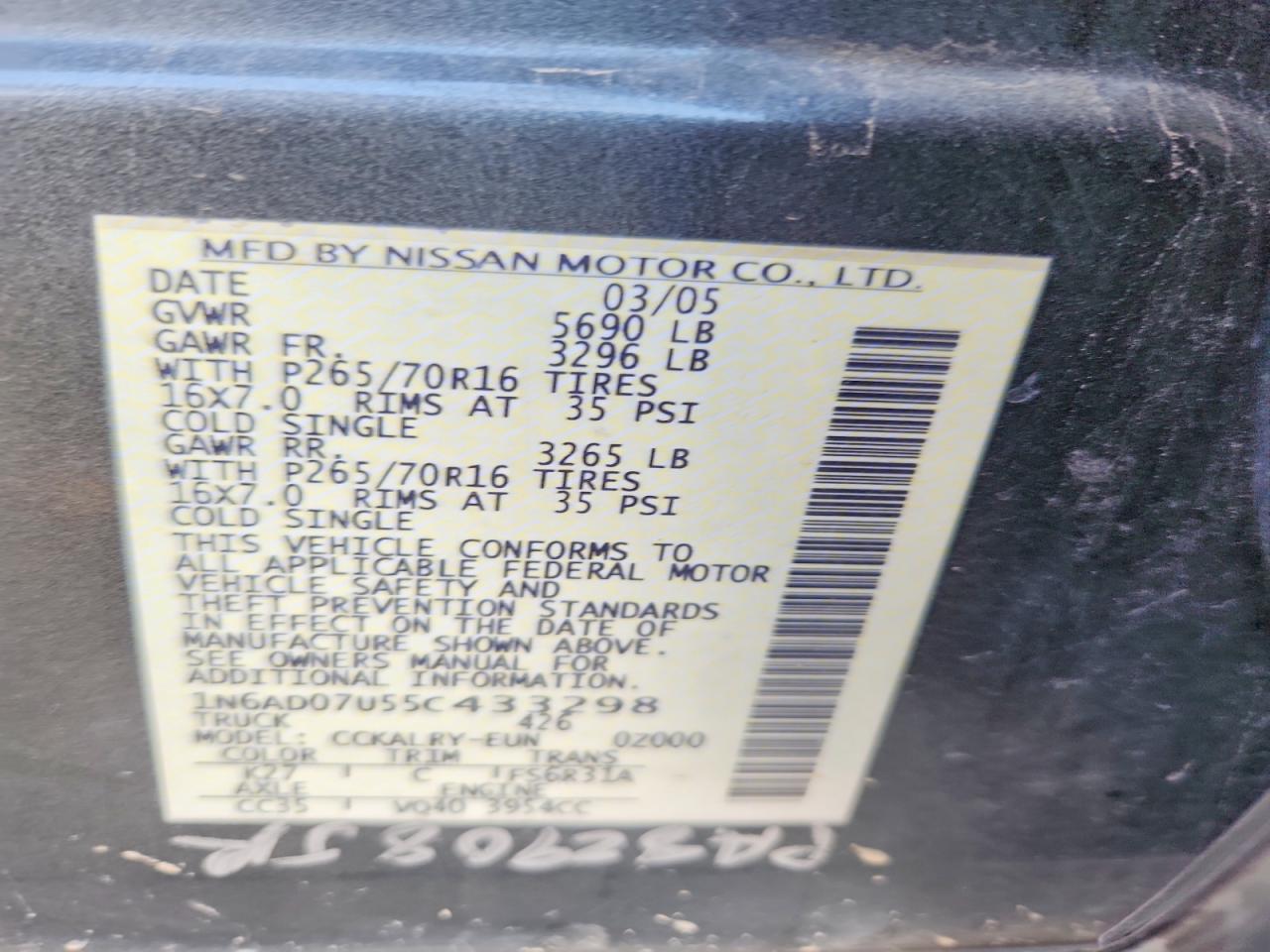 2005 Nissan Frontier Se Gray vin: 1N6AD07U55C433298