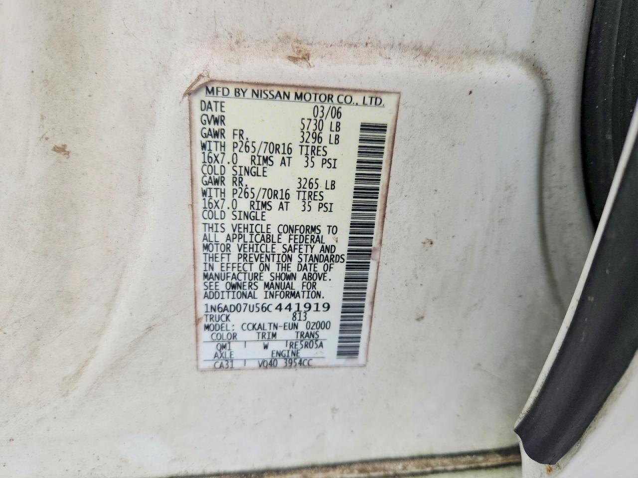 2006 Nissan Frontier Se White vin: 1N6AD07U56C441919