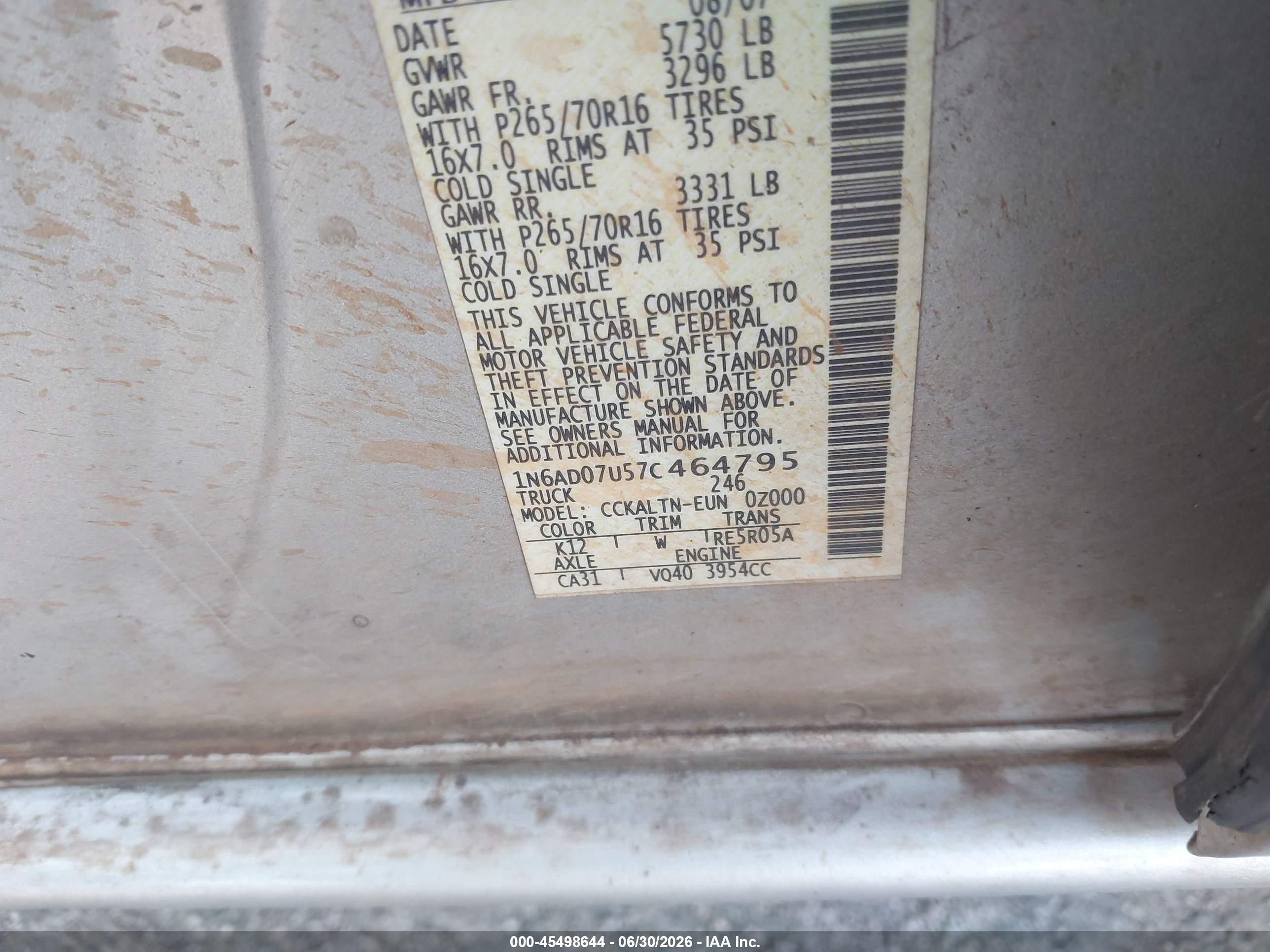 2007 Nissan Frontier Se Silver vin: 1N6AD07U57C464795