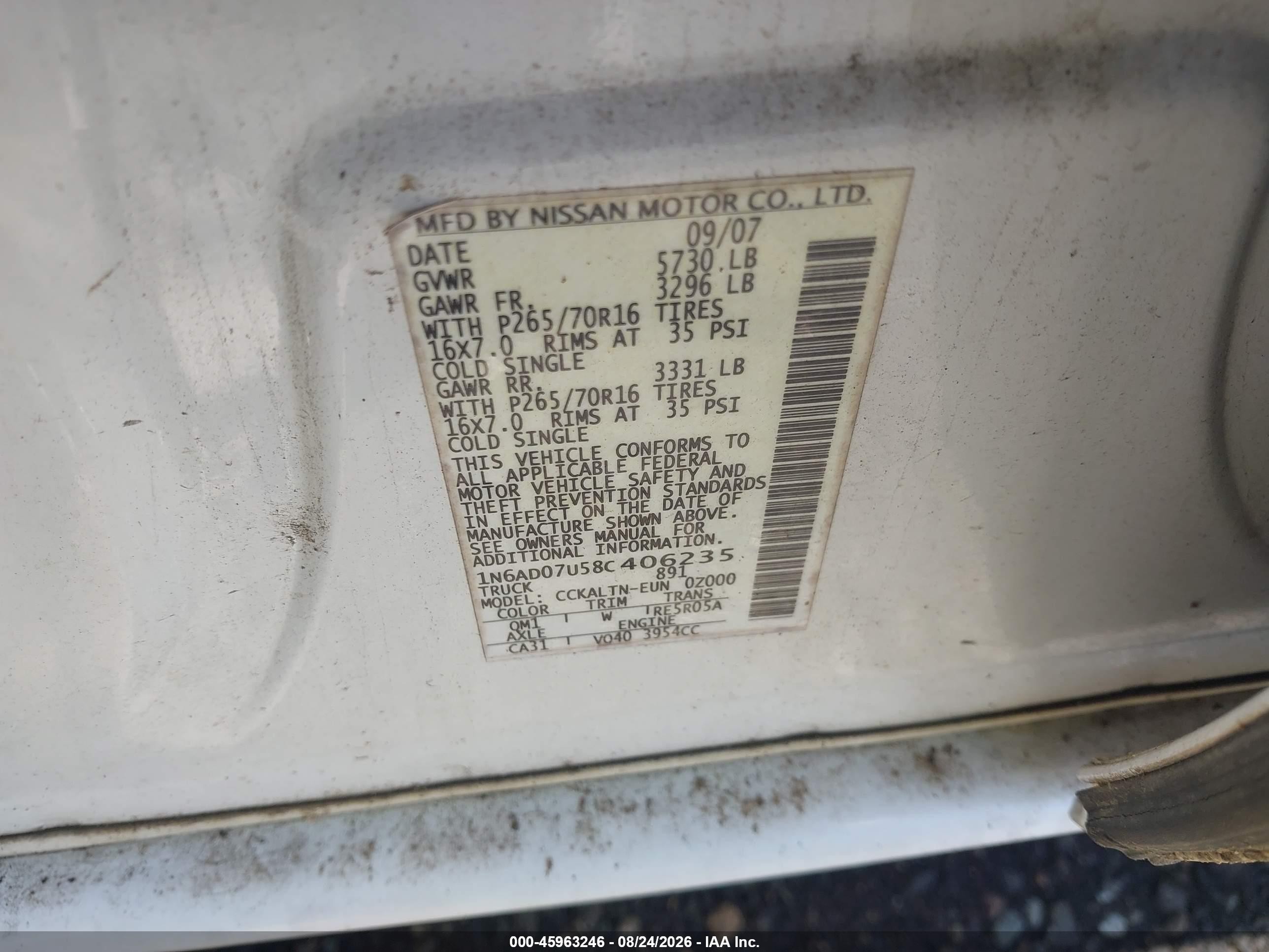 2008 Nissan Frontier Se Белый vin: 1N6AD07U58C406235