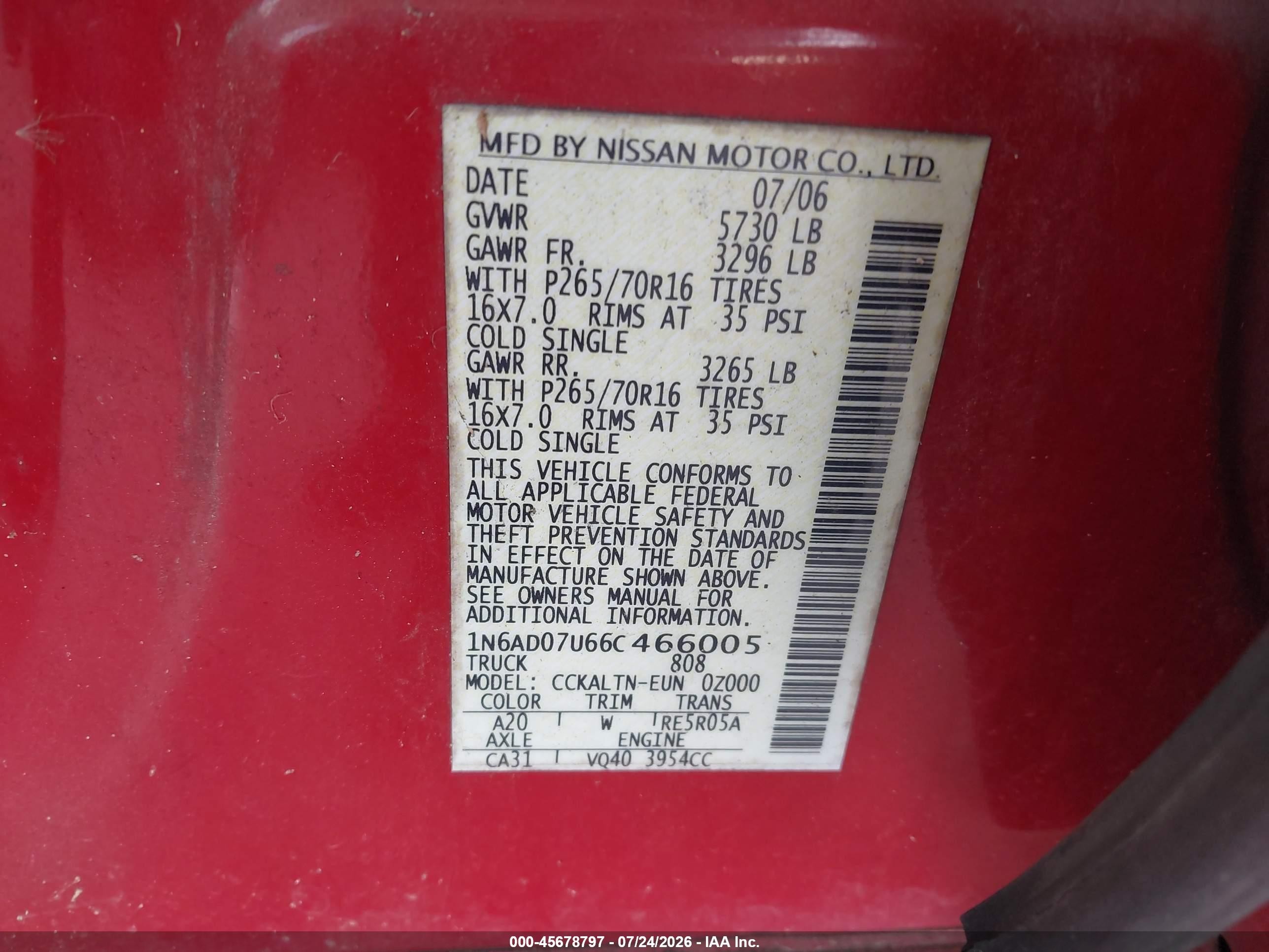 2006 Nissan Frontier Se Red vin: 1N6AD07U66C466005