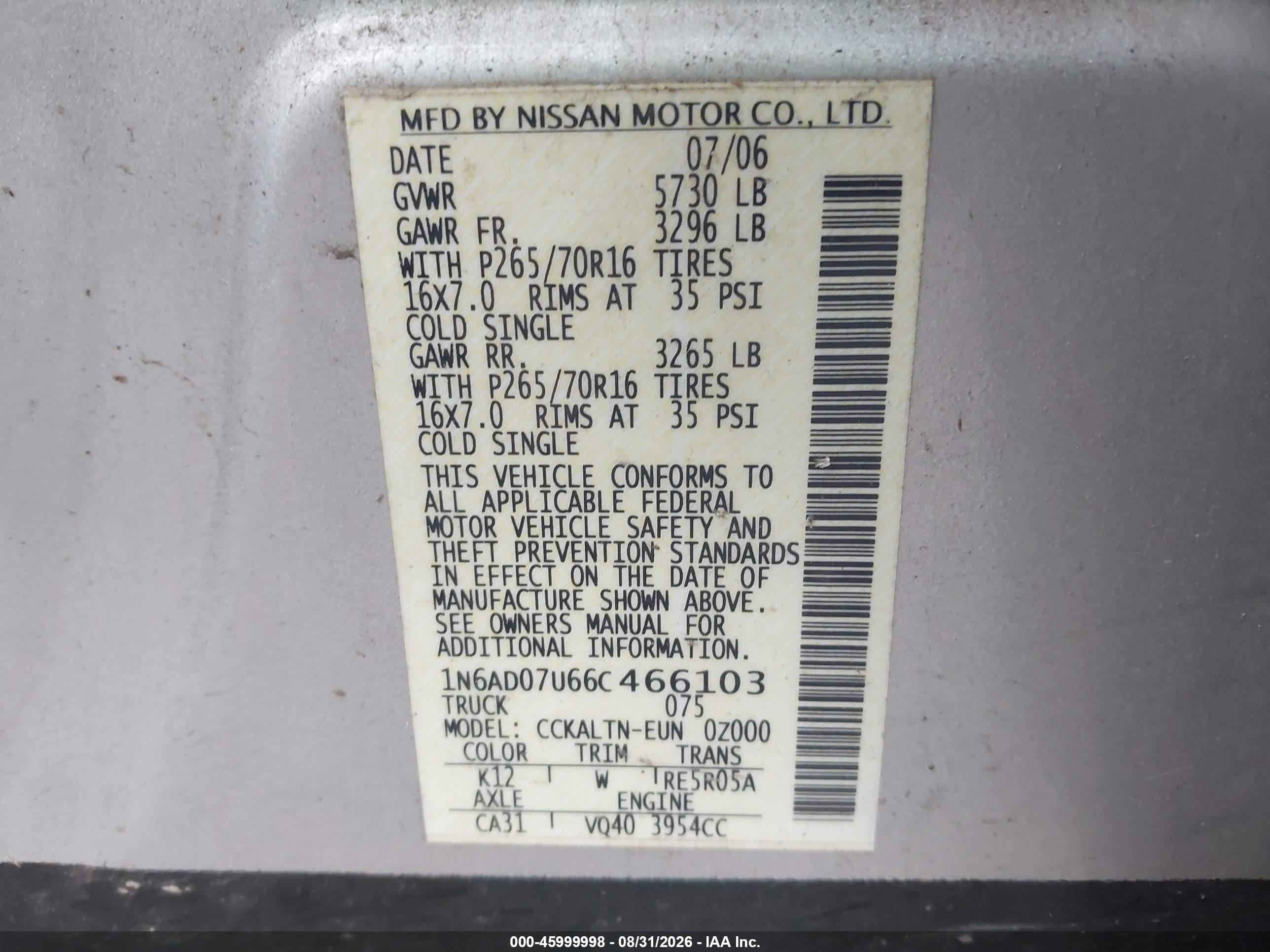2006 Nissan Frontier Se Silver vin: 1N6AD07U66C466103