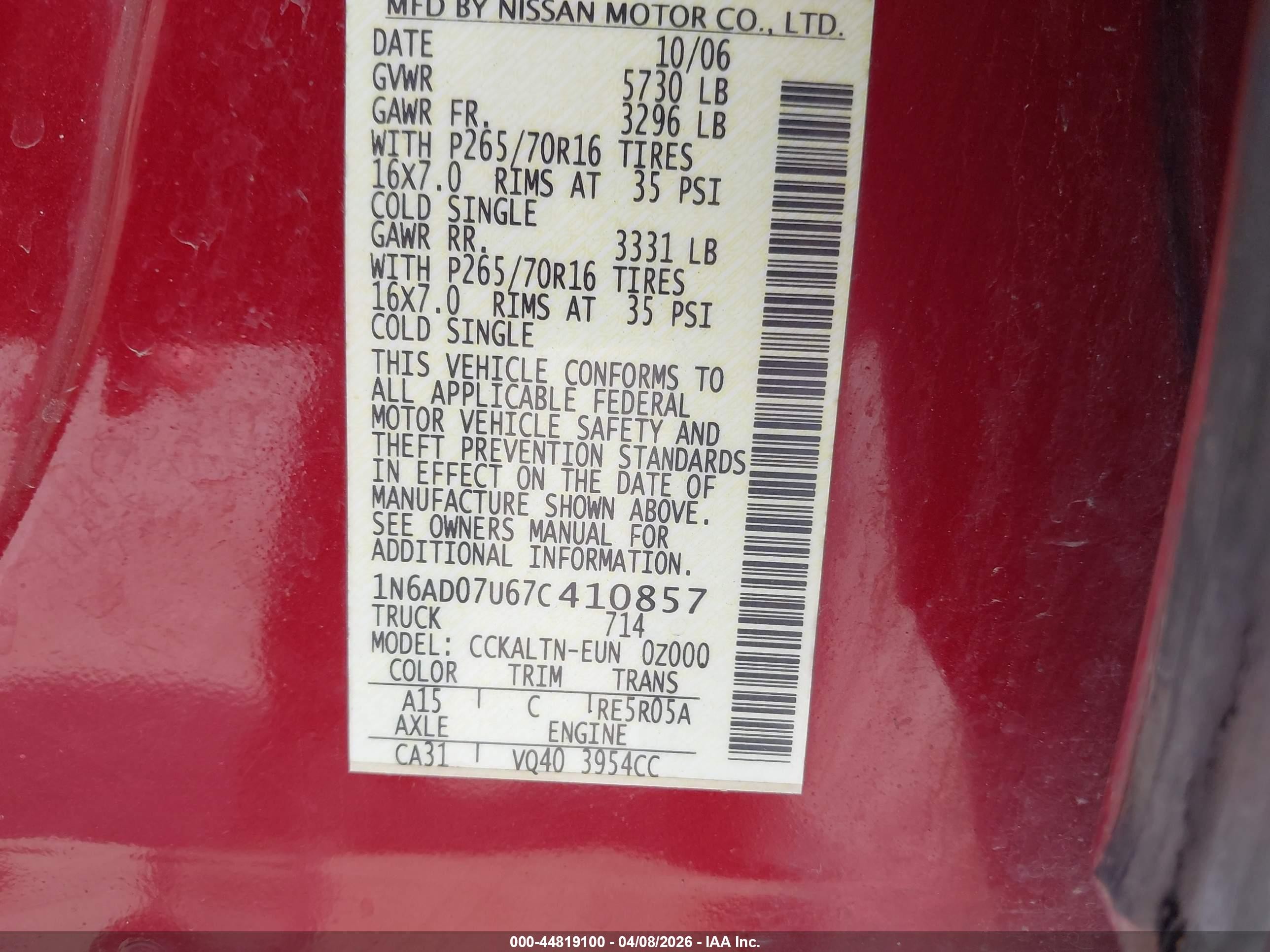 2007 Nissan Frontier Se Red vin: 1N6AD07U67C410857