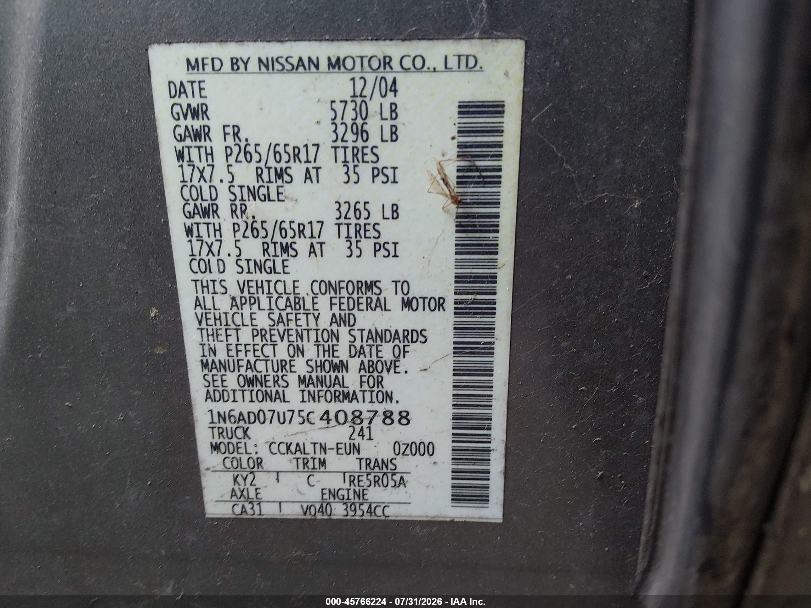 2005 Nissan Frontier Le Gold vin: 1N6AD07U75C408788