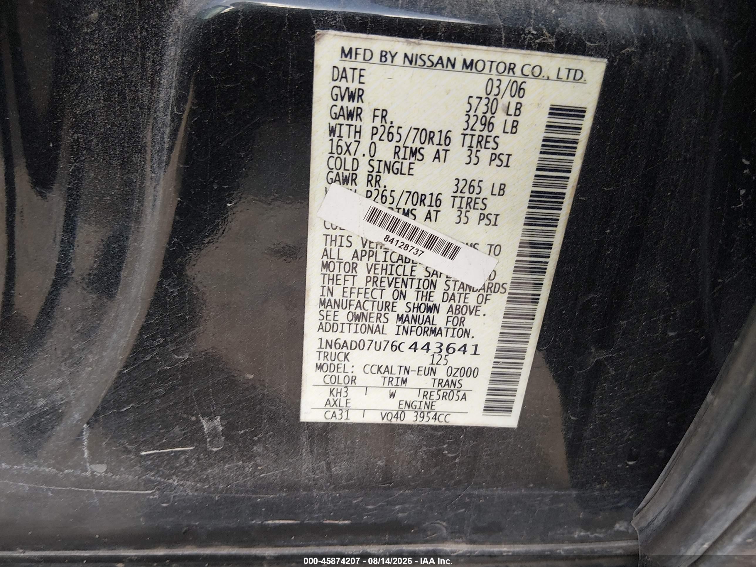 2006 Nissan Frontier Se Black vin: 1N6AD07U76C443641