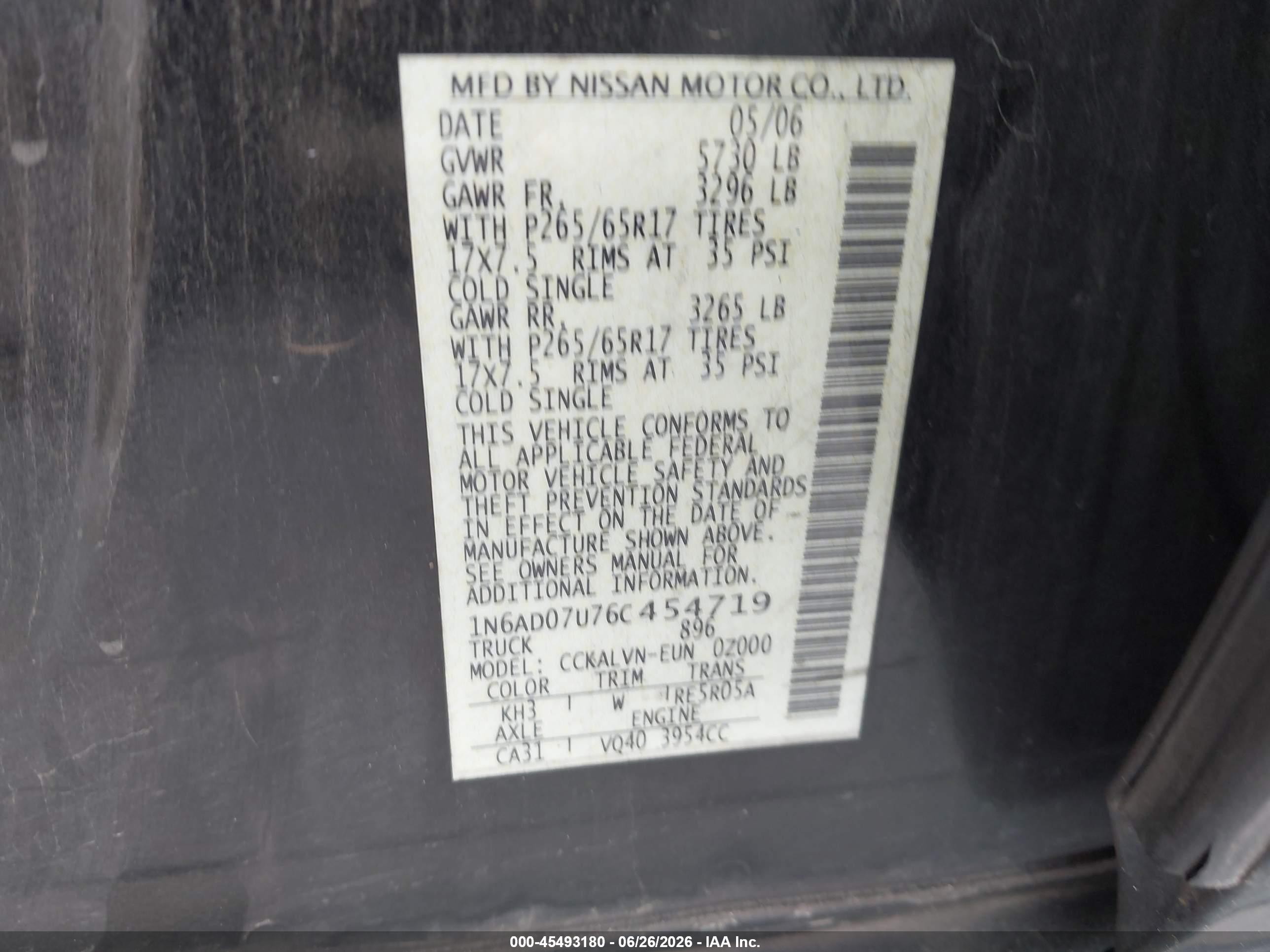 2006 Nissan Frontier Le Black vin: 1N6AD07U76C454719