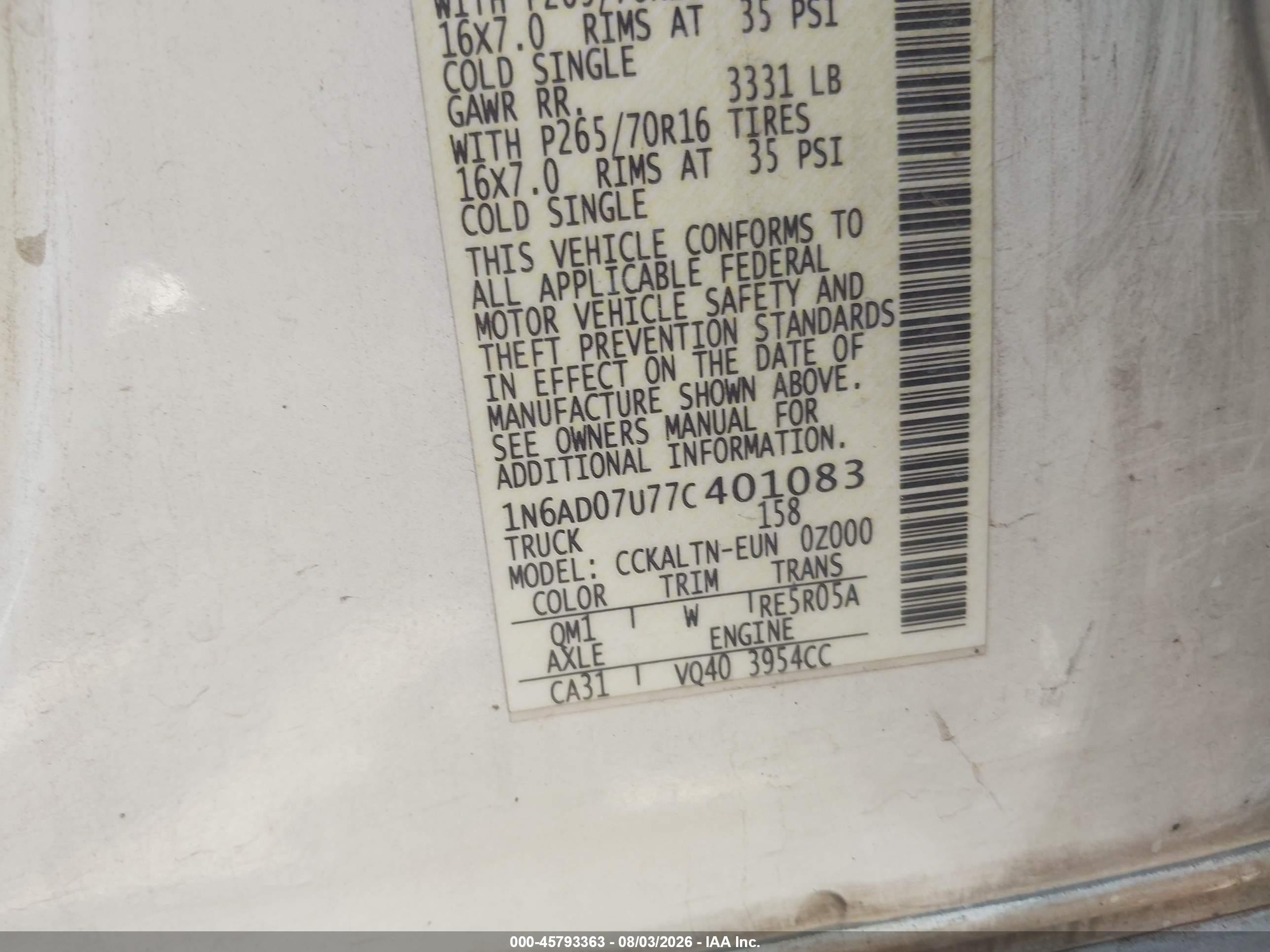 2007 Nissan Frontier Se Белый vin: 1N6AD07U77C401083