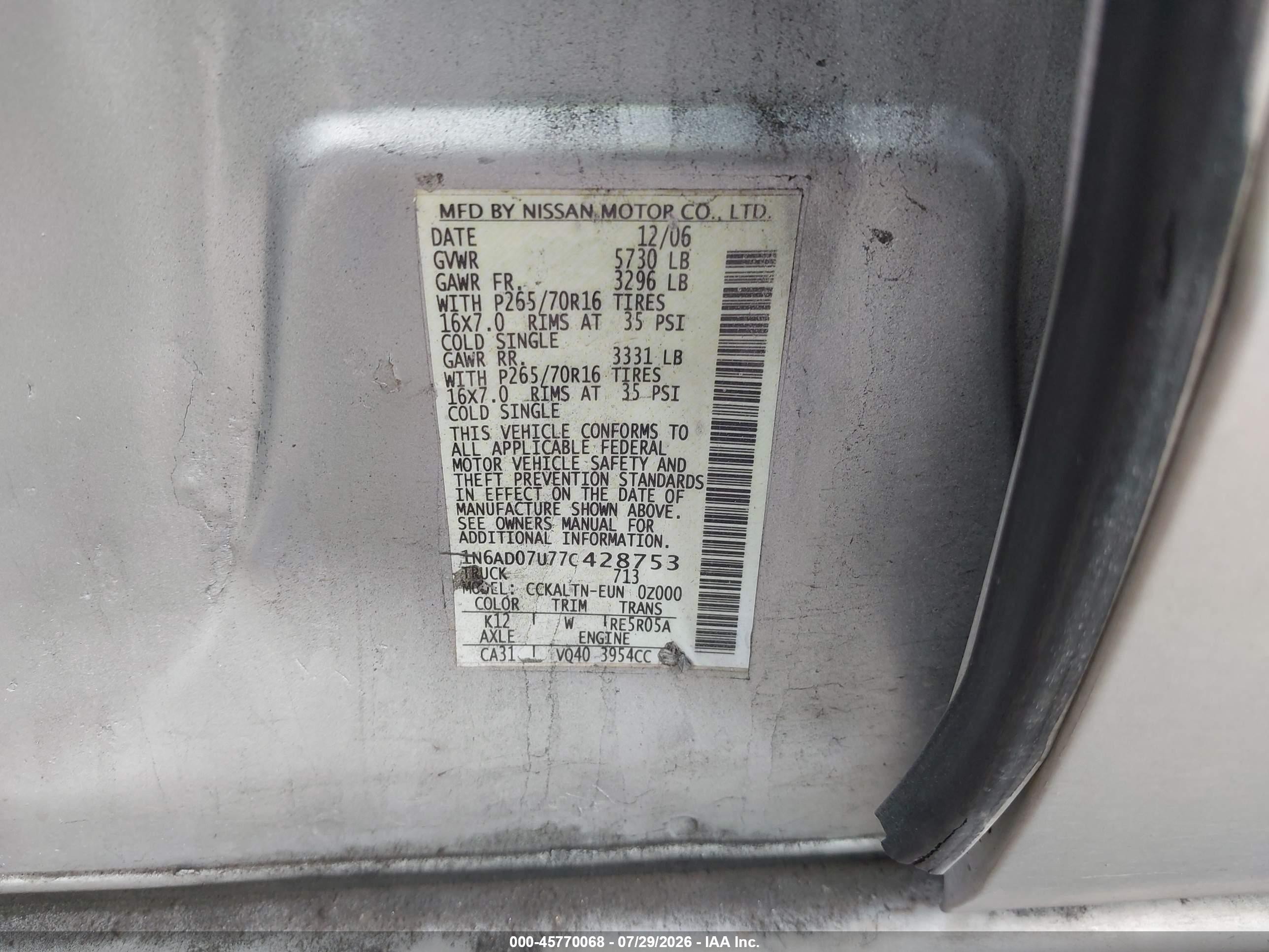 2007 Nissan Frontier Se Silver vin: 1N6AD07U77C428753