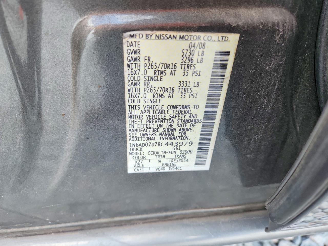 2008 Nissan Frontier Se V6 Gray vin: 1N6AD07U78C443979