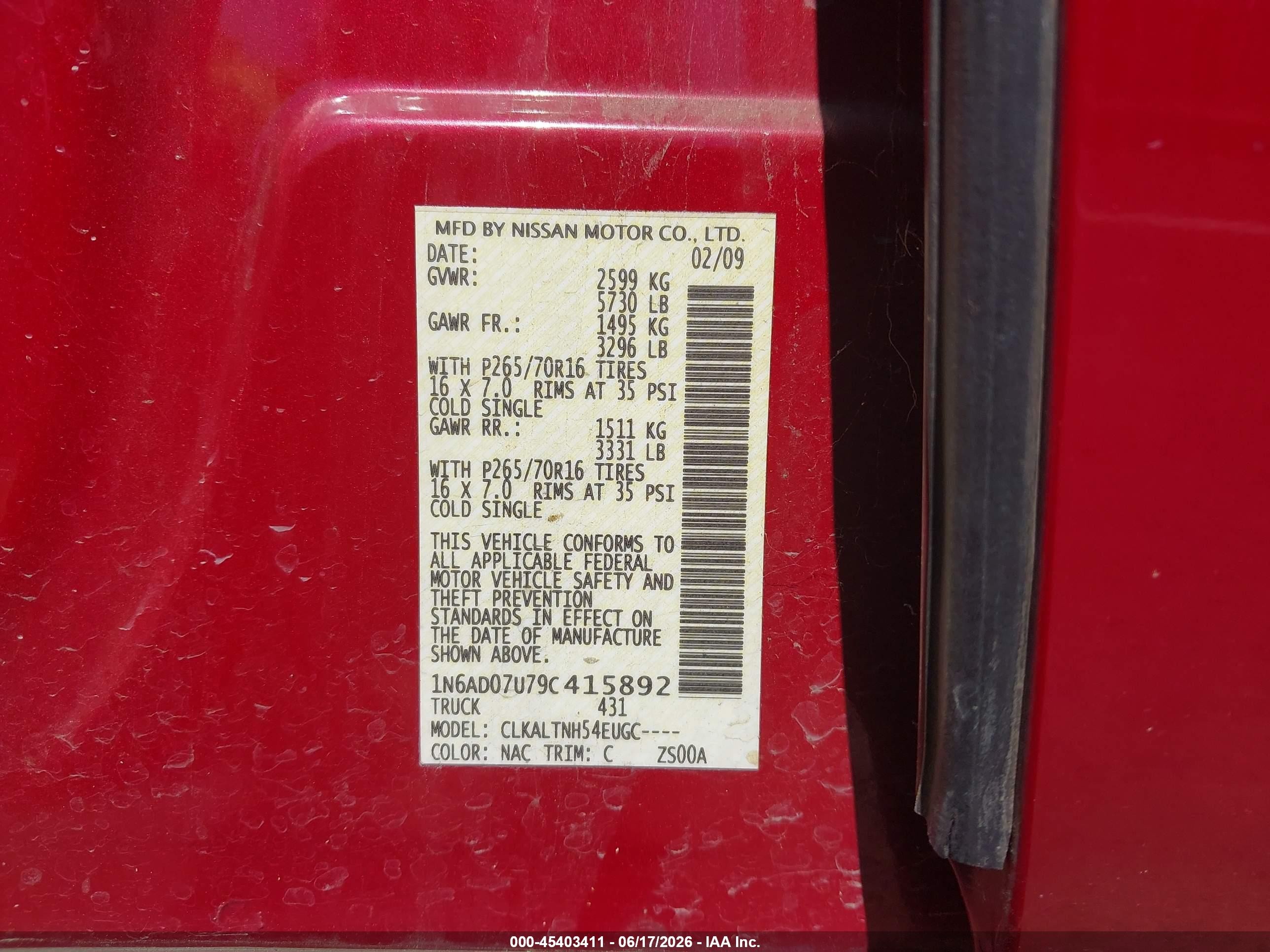 2009 Nissan Frontier Se Red vin: 1N6AD07U79C415892