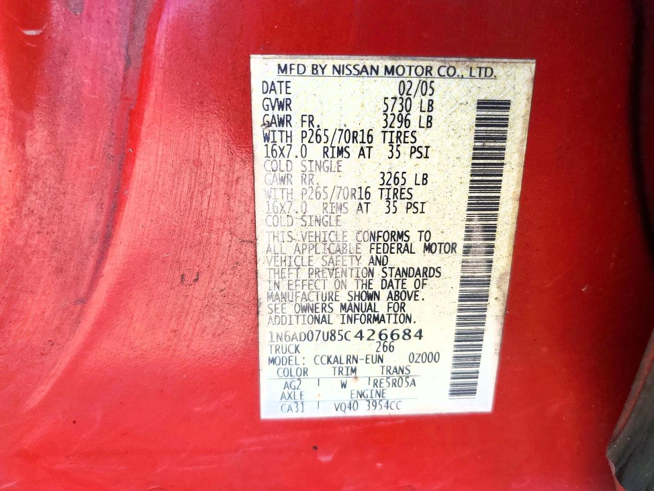 2005 Nissan Frontier Se Red vin: 1N6AD07U85C426684