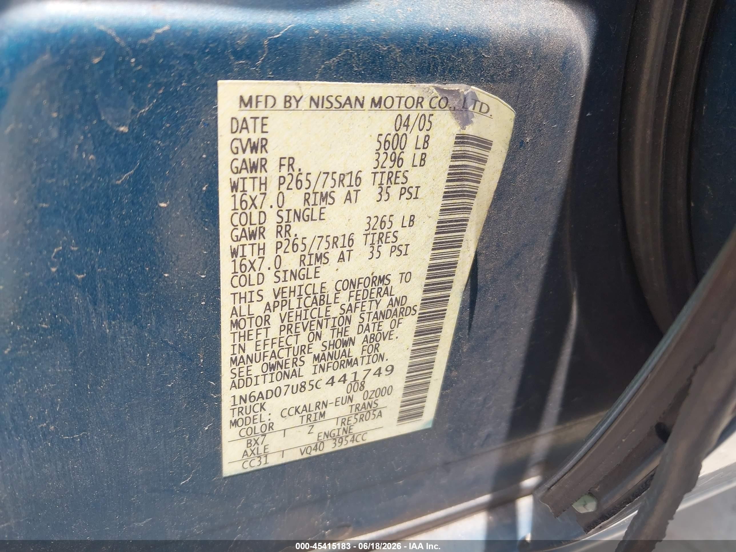 2005 Nissan Frontier 2wd Nismo Turquoise vin: 1N6AD07U85C441749