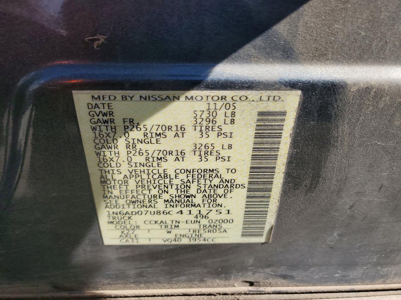 2006 Nissan Frontier Se Gray vin: 1N6AD07U86C411751