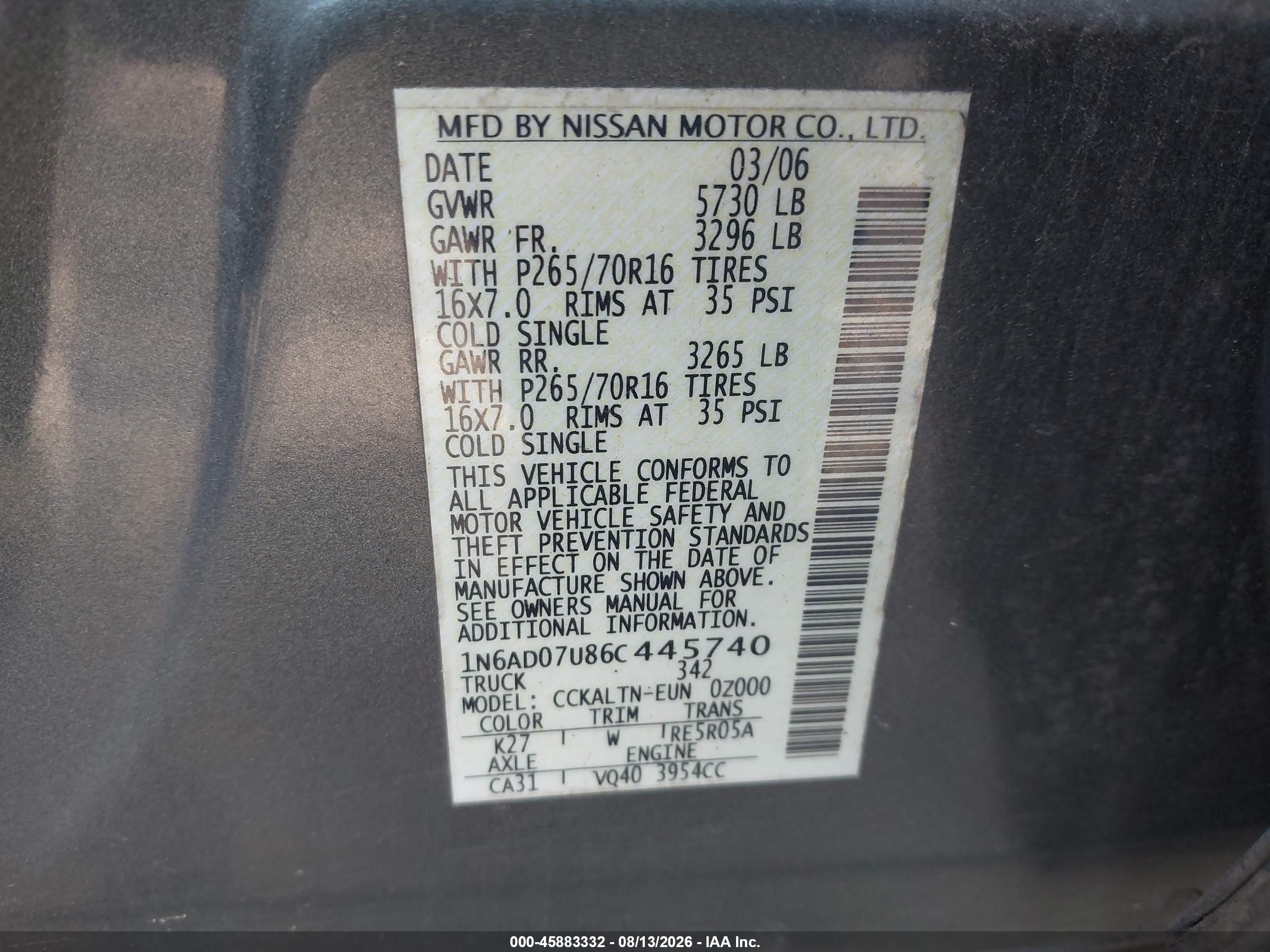 2006 Nissan Frontier Se Gray vin: 1N6AD07U86C445740