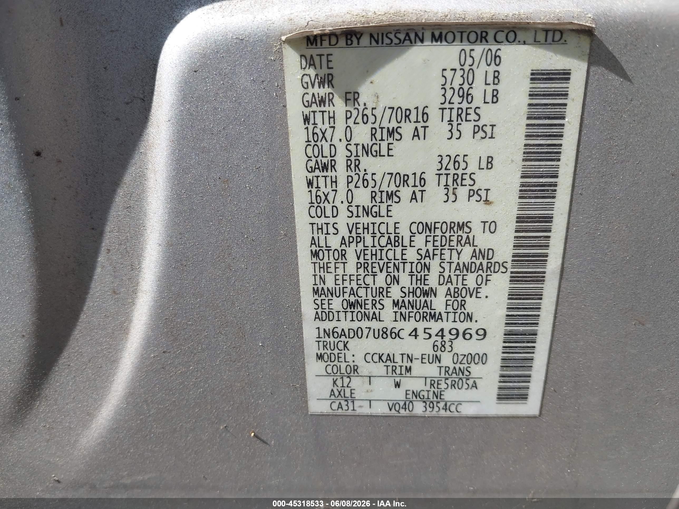2006 Nissan Frontier Se Silver vin: 1N6AD07U86C454969
