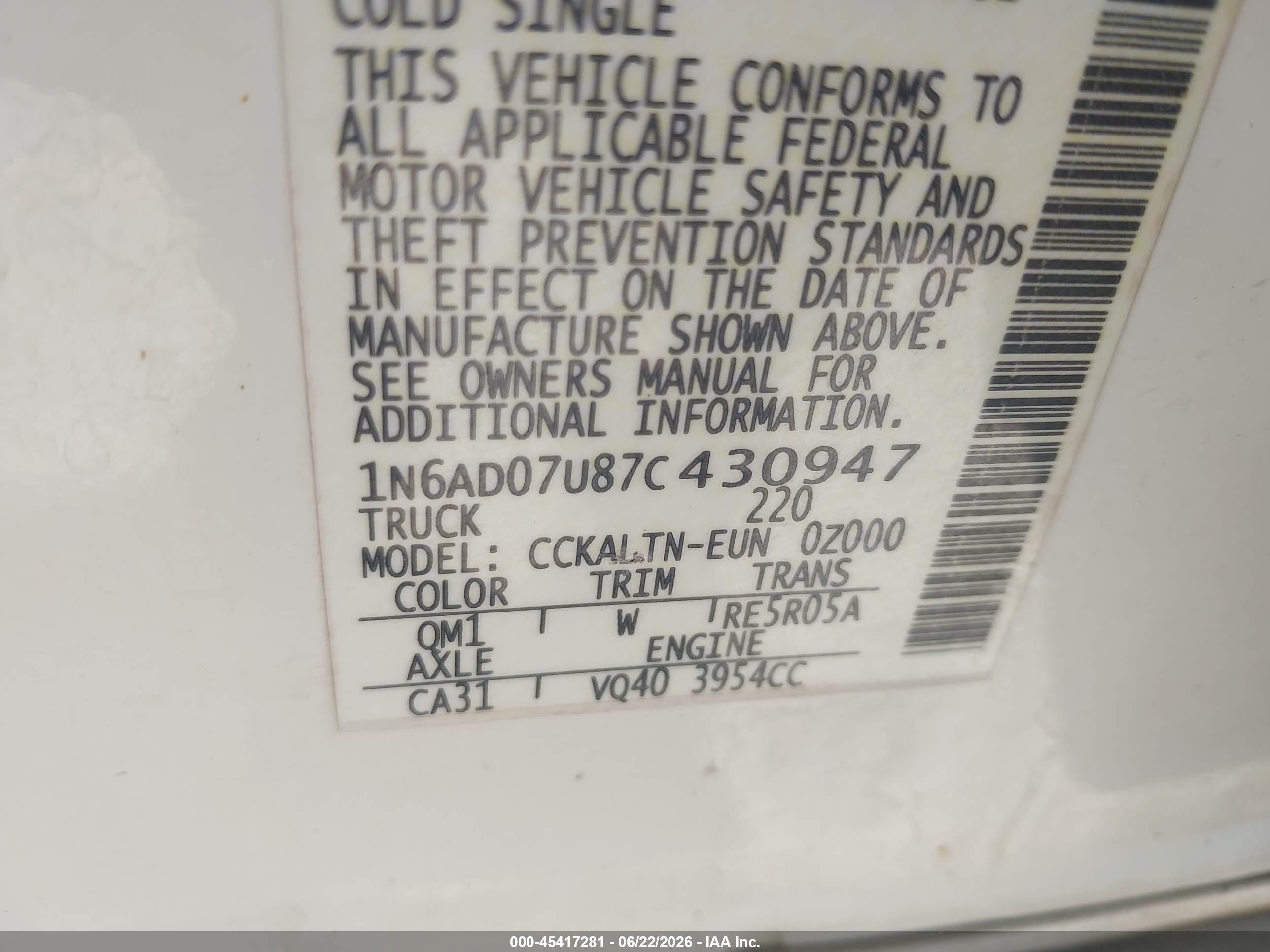 2007 Nissan Frontier Se White vin: 1N6AD07U87C430947