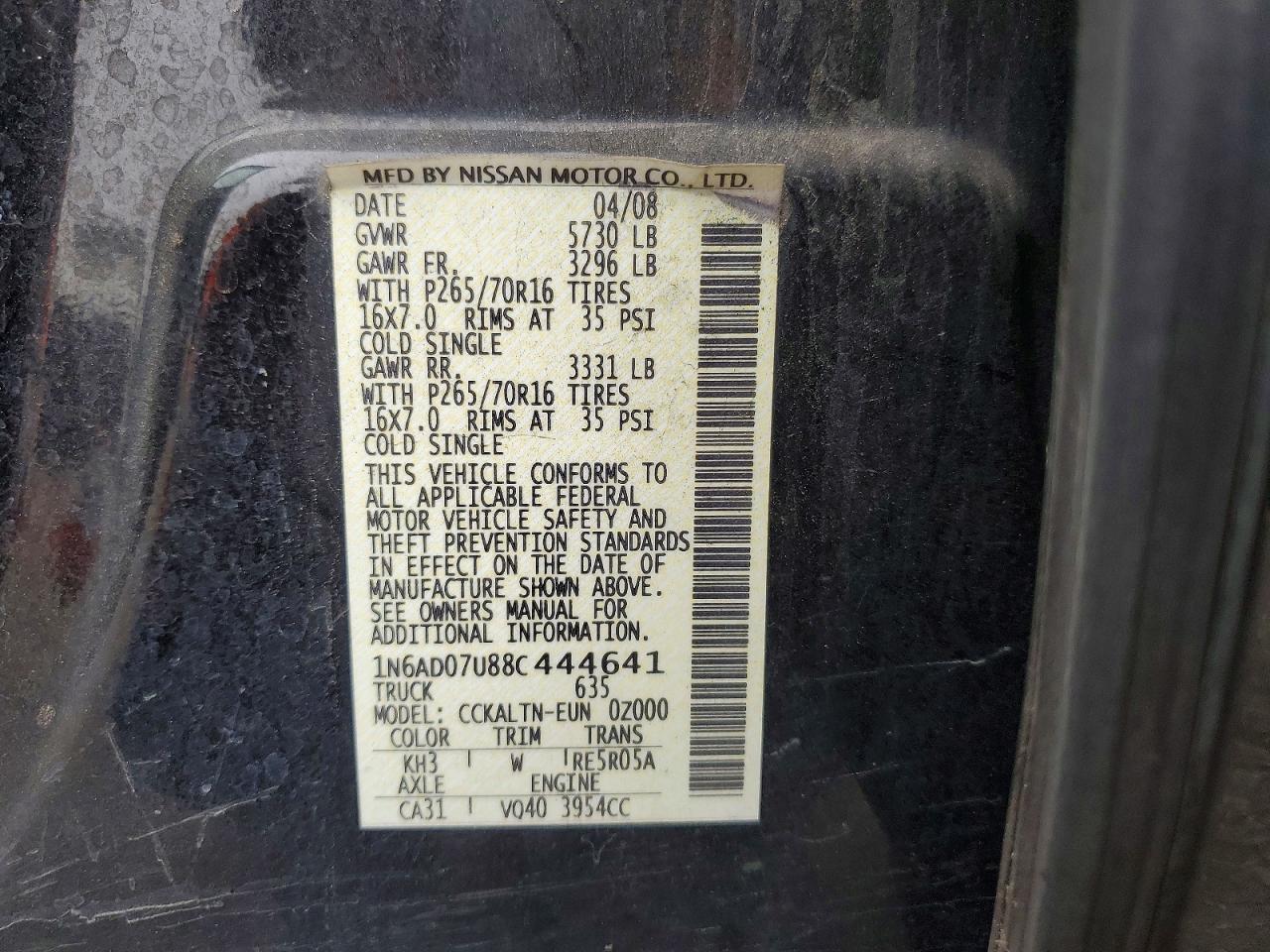 2008 Nissan Frontier Se V6 Черный vin: 1N6AD07U88C444641