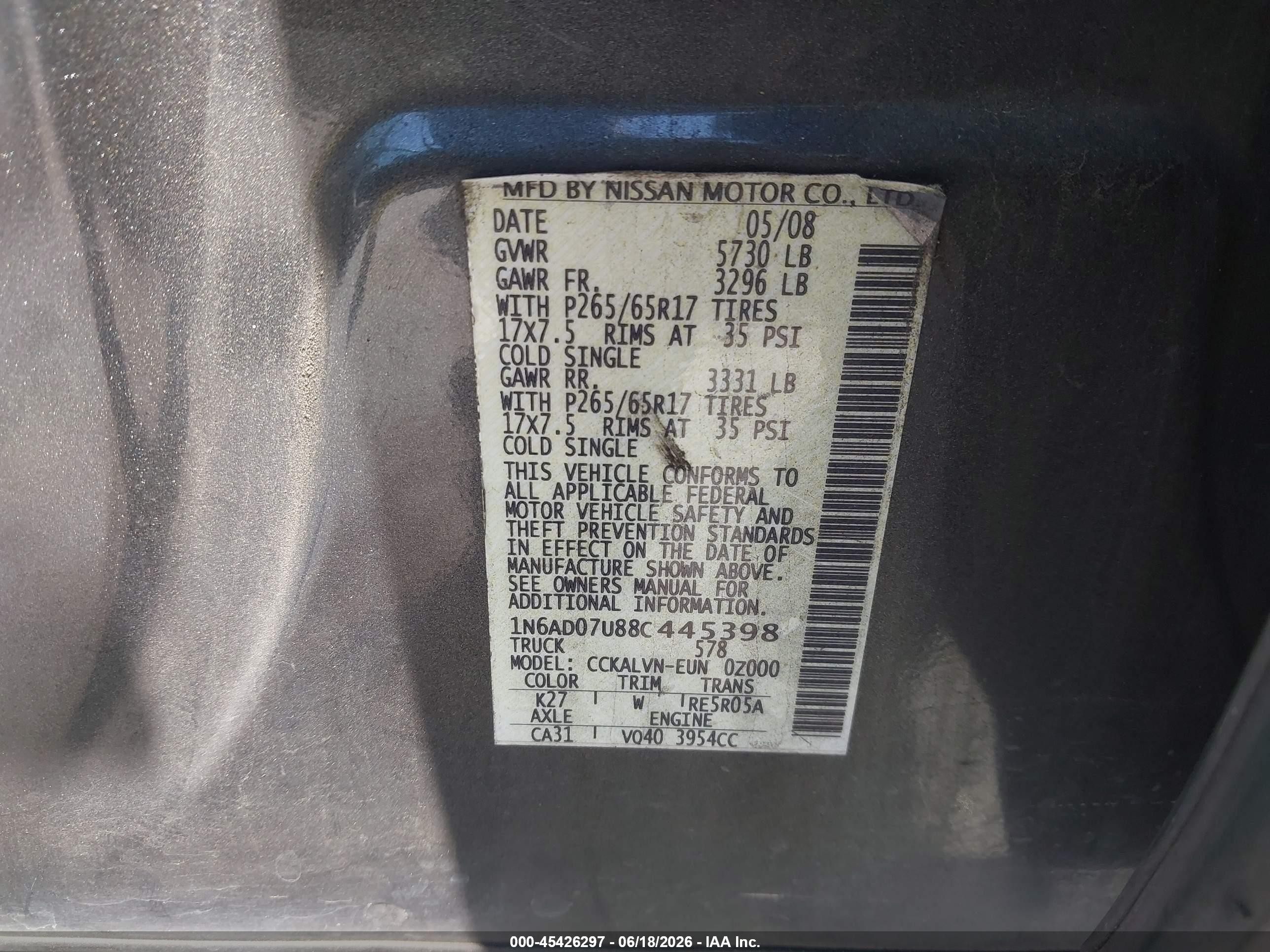 2008 Nissan Frontier Le Gray vin: 1N6AD07U88C445398