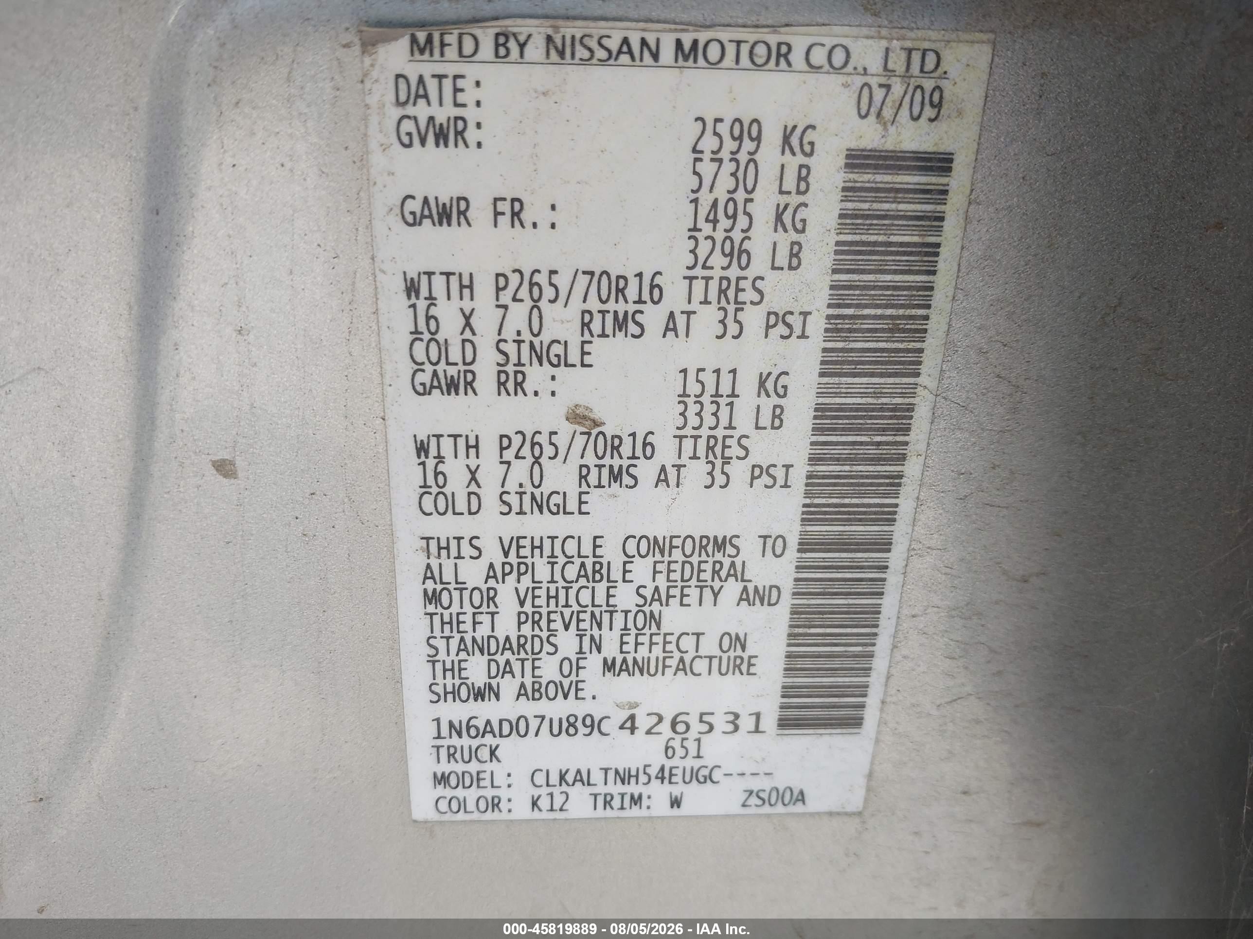 2009 Nissan Frontier Se Silver vin: 1N6AD07U89C426531