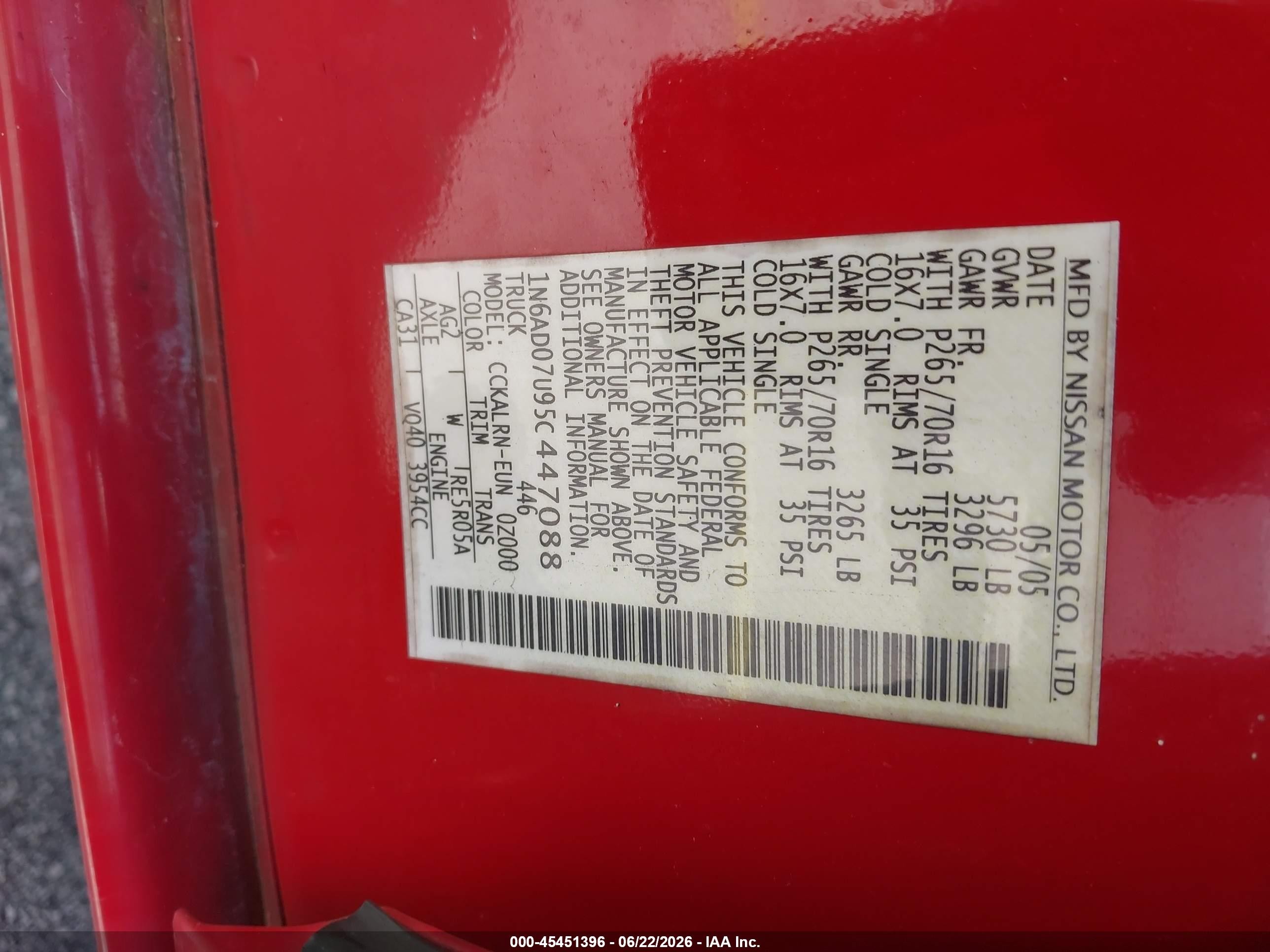 2005 Nissan Frontier 2wd Se Red vin: 1N6AD07U95C447088