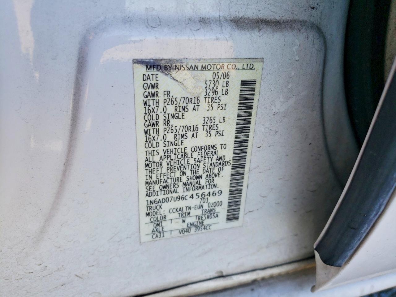 2006 Nissan Frontier Se White vin: 1N6AD07U96C456469