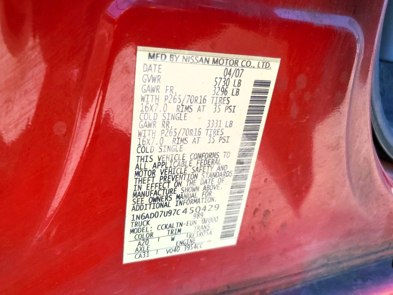 2007 Nissan Frontier Se Red vin: 1N6AD07U97C450429