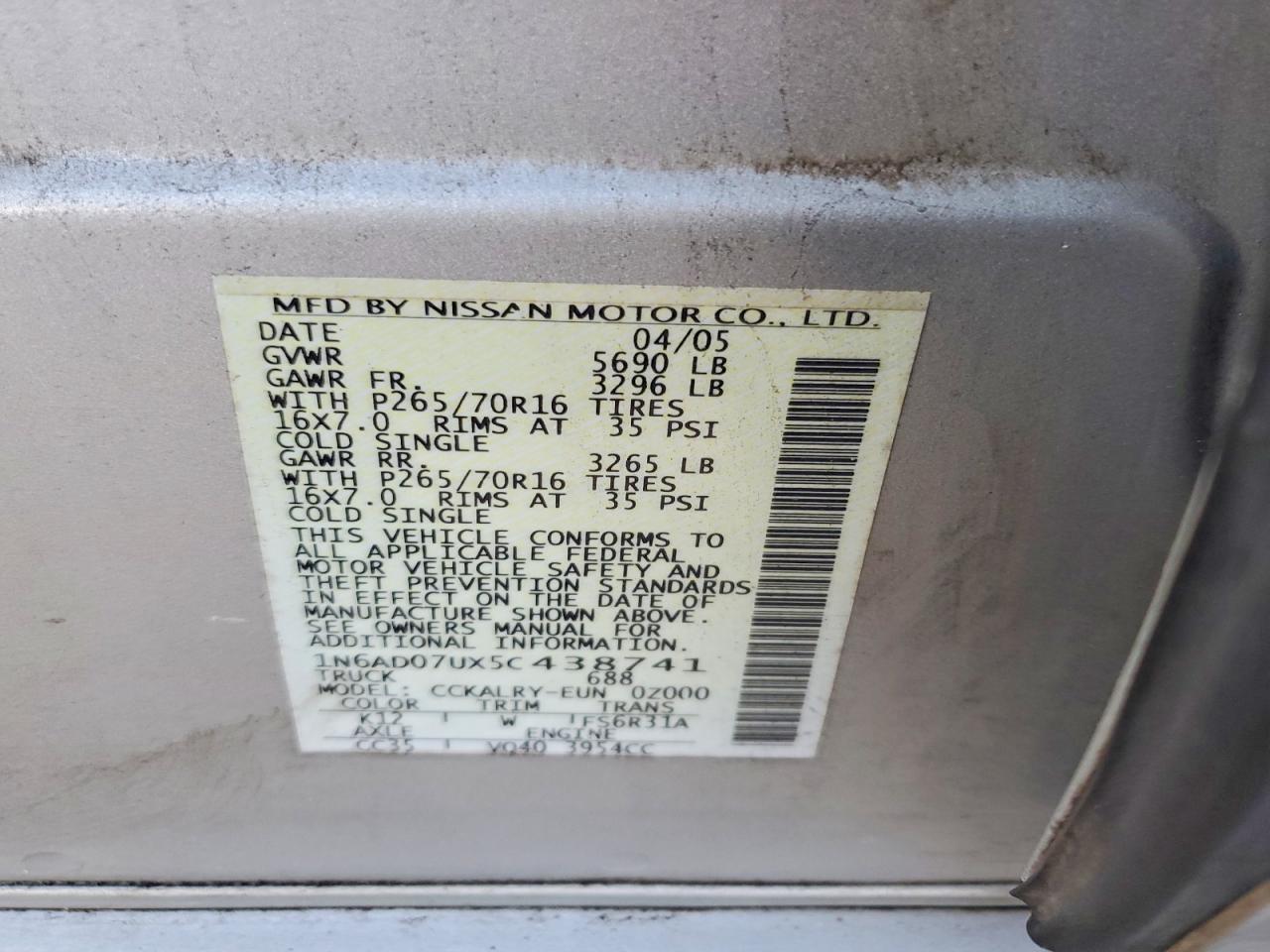 2005 Nissan Frntier Se Silver vin: 1N6AD07UX5C438741