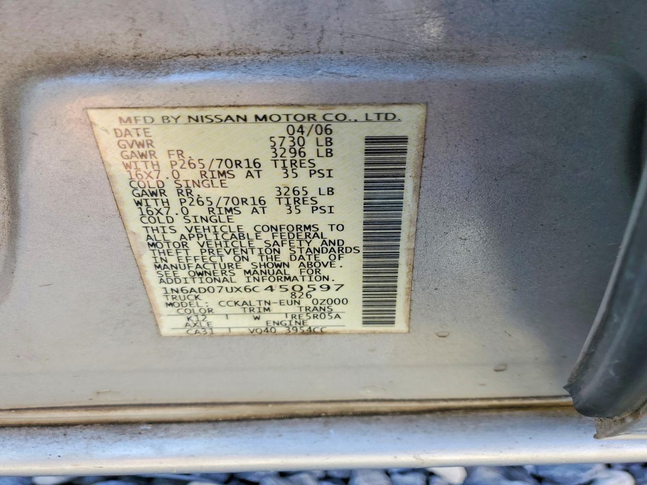 2006 Nissan Frontier Se Silver vin: 1N6AD07UX6C450597