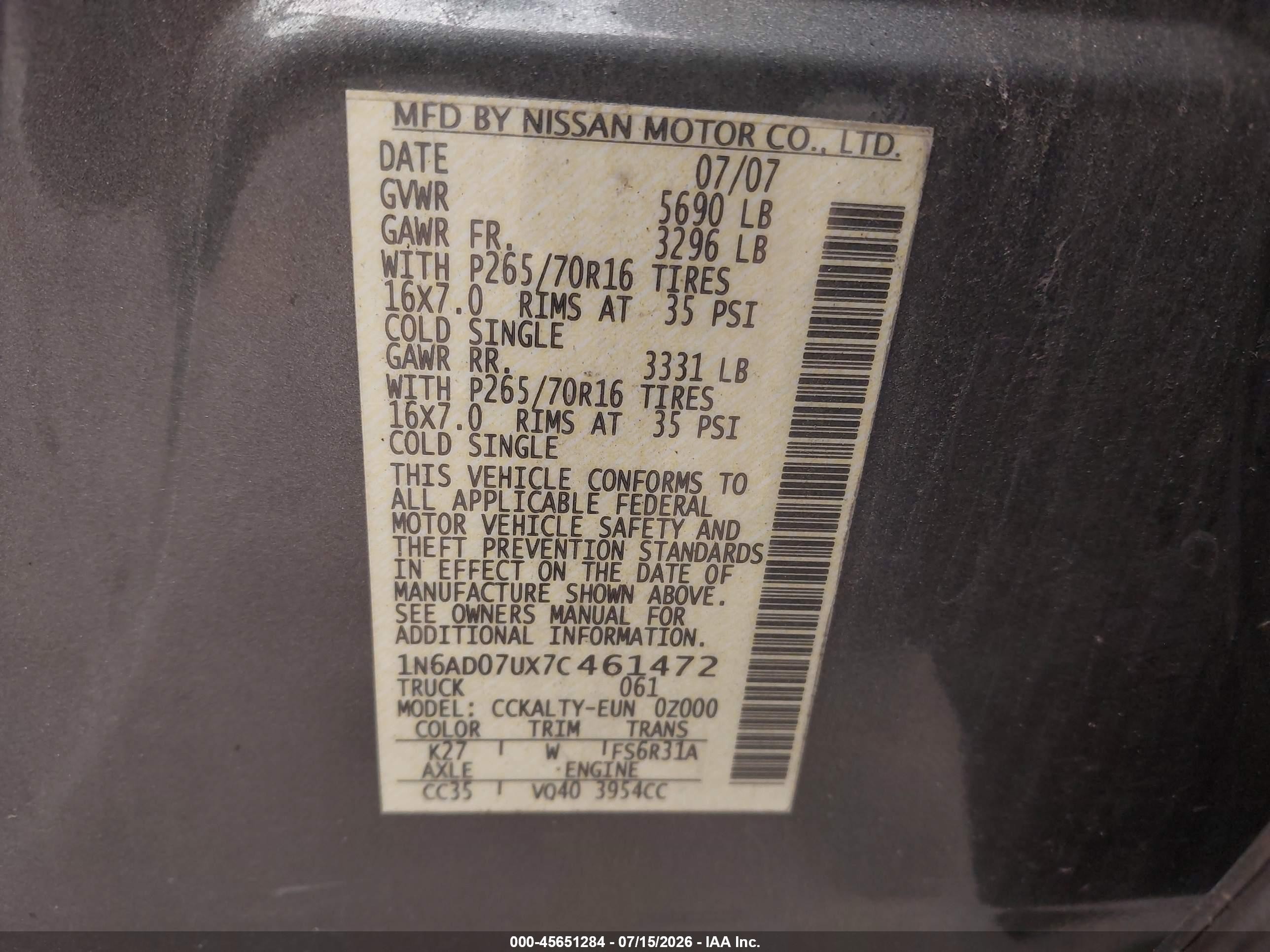 2007 Nissan Frontier Se Gray vin: 1N6AD07UX7C461472