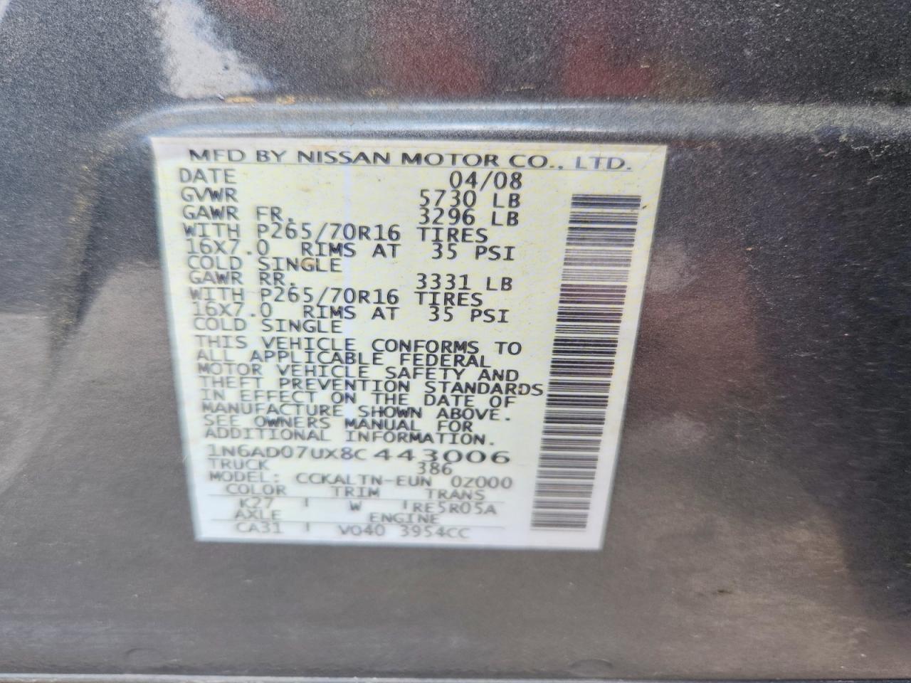 2008 Nissan Frontier Se V6 Gray vin: 1N6AD07UX8C443006