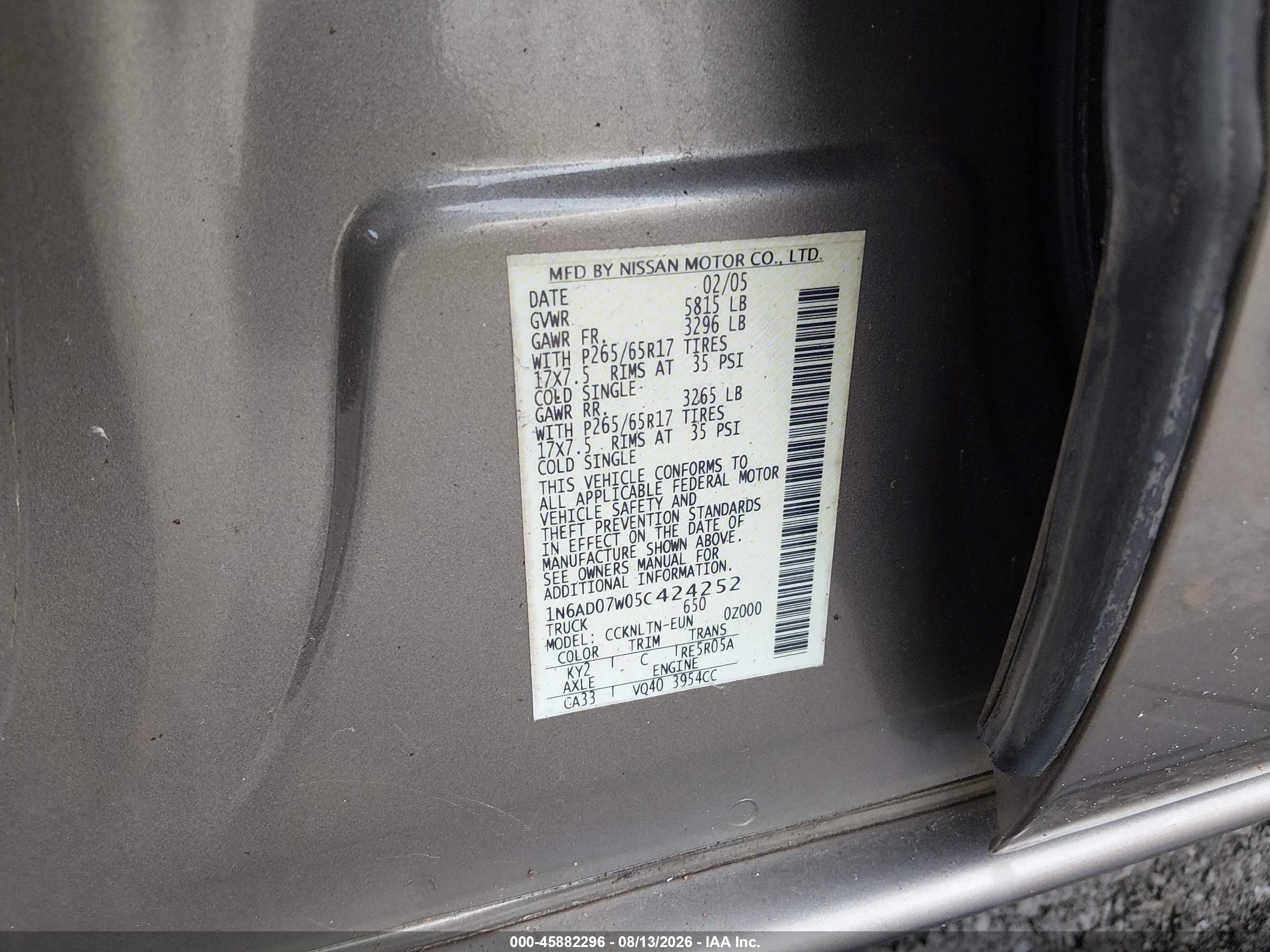 2005 Nissan Frontier Le Brown vin: 1N6AD07W05C424252